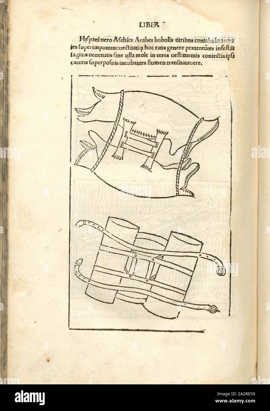 Il filo interdentale 3, guerra medievale, equipaggiamento militare, pelli di animali / Cuoio Fin, Xilografia, S. 422, (liber undecimus), 1483, Roberto Valturio: [De re militari]. Verona: [Boninus de Boninis], [1483 Foto Stock