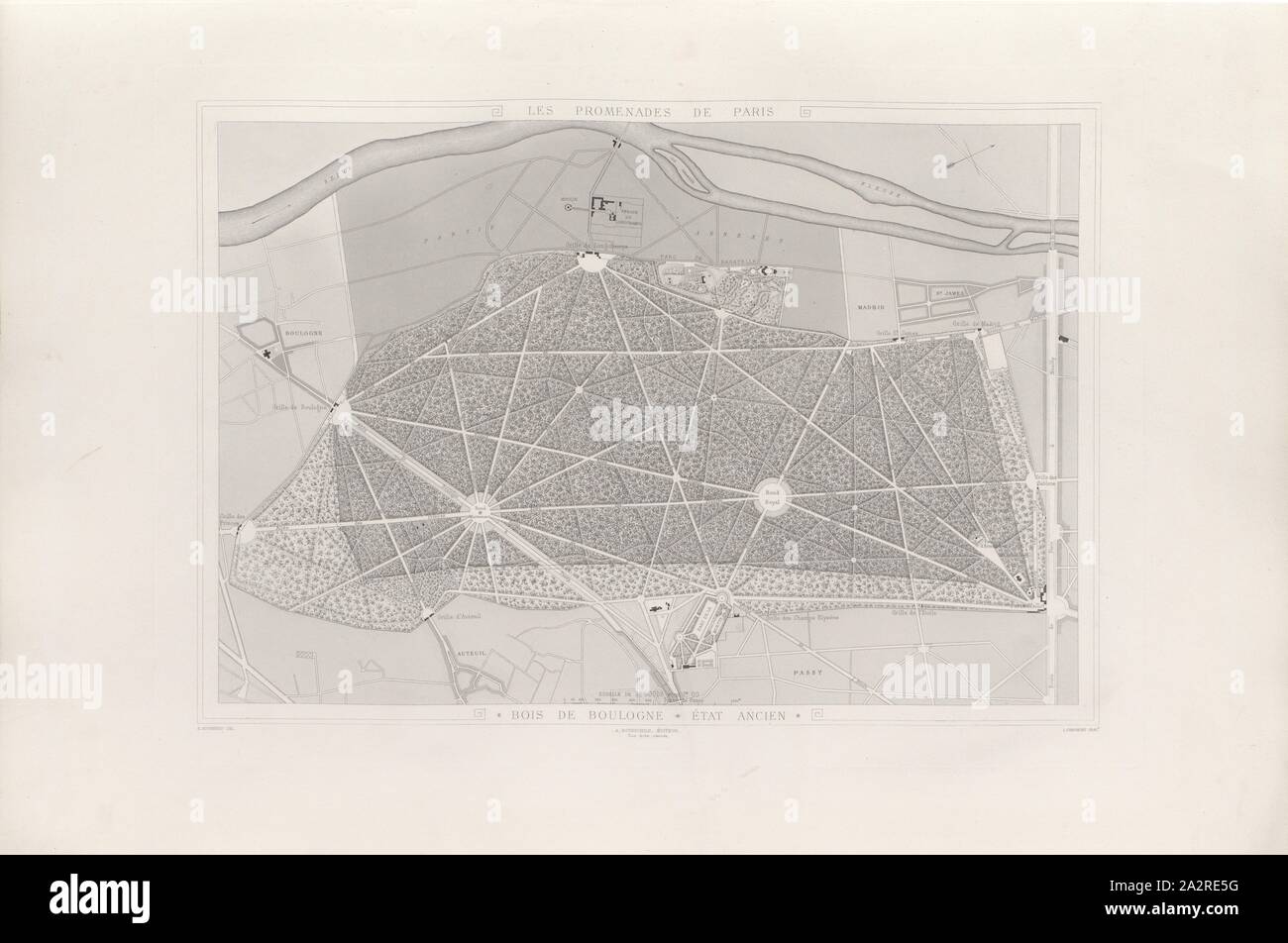 Il Bois de Boulogne, antico stato, mappa dei primi anni del XIX secolo il Bois de Boulogne, firmato: E. Hochereau Del, un Rothschild, Éditeur; L. Chaumont Gravr, Fig. 2, p. 14, Hochereau, E. (CANC.); Rotschild, A. (ed.); L. Chaumont (grav.), Adolphe Alphand: Les promenades de Paris [...]. Planches. Parigi: par J. Rothschild, 1867 Foto Stock