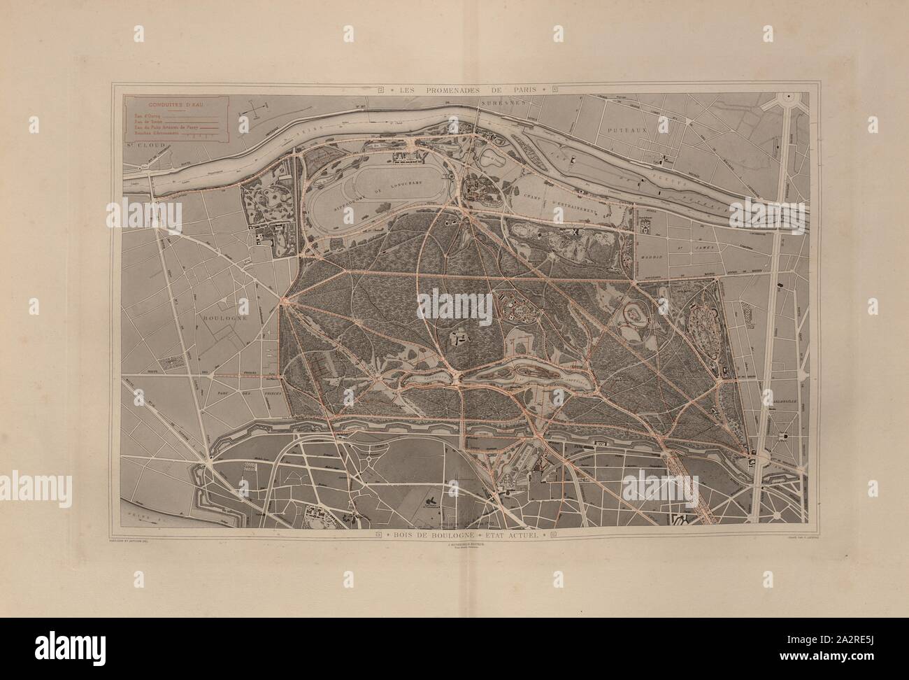 Il Bois de Boulogne, stato corrente, mappa delle strade di Bois de Boulogne (Parigi) a partire dal xix secolo, firmato: Dardoiz et Antoine, Del, J. Rotschild, Éditeur; Gravé da F. Lefèvre, Fig. 3, p. 15, Dardoize (CANC.); Antoine (CANC.); Rotschild, J. (ed.); F. Lefèvre (grav.), Adolphe Alphand: Les promenades de Paris [...]. Planches. Parigi: par J. Rothschild, 1867 Foto Stock
