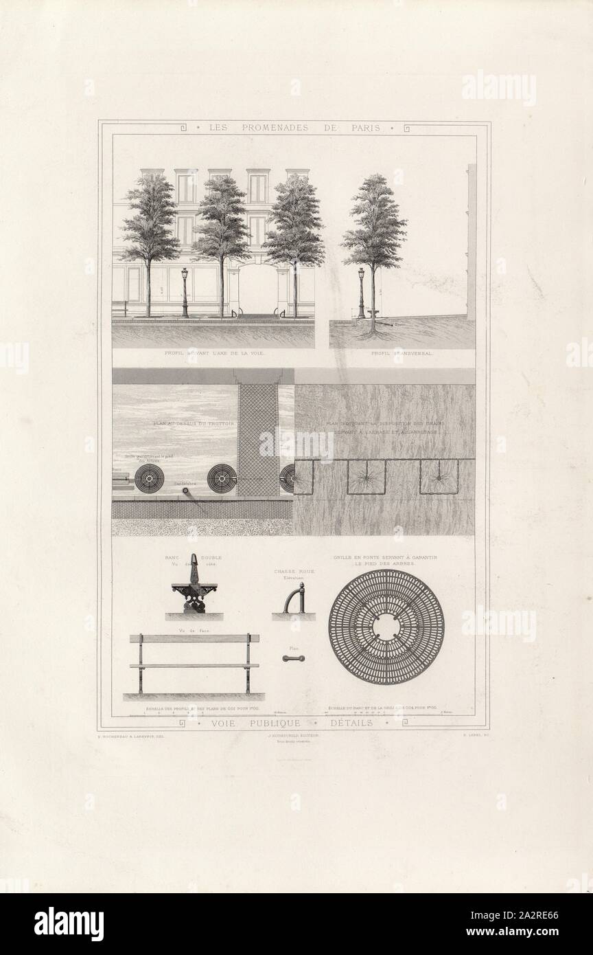 Strada pubblica, Dettagli, illustrazioni di dettagli sulle pubbliche strade di Parigi, firmato; E. Hochereau & Labeyrie, Del, J. Rothschild, Éditeur; E. Lebel, Sc, Fig. 16, p. 139, Hochereau, E. (CANC.); Labeyrie (CANC.); Rothschild, J. (ed.); Lebel, E. (sc.), Adolphe Alphand: Les promenades de Paris [...]. Planches. Parigi: par J. Rothschild, 1867 Foto Stock