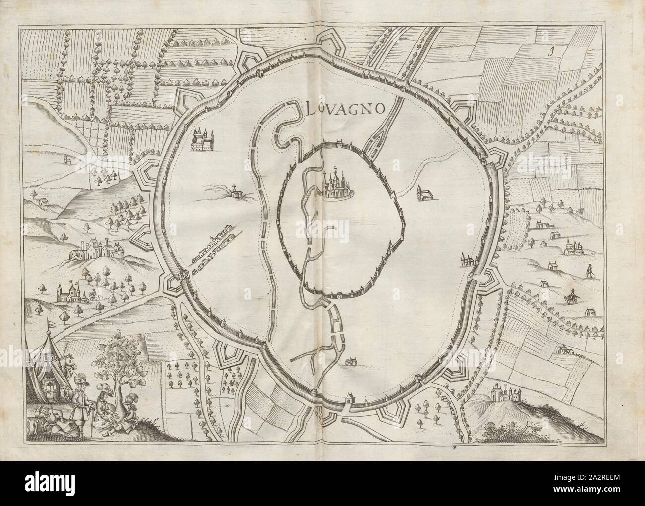 Lovagno, piano di fortificazione di Leuven (Belgio), Fig. 3, 1, dopo p. 148, 1683, Galeazzo Gualdo Priorato: Teatro del Belgio, o sia descritione delle diecisette provincie del medesimo: con le piante delle città, e fortezze principali; da chi al presente possesse; vieni, in qual modo, & in qual tempo acquistate: aggiontovi onu succinto racconto di quanto è occorso dalla mossa d'armi del re christianissimo contro gli Stati Generali delle Provincie Unite sin'al fine del 1672. Francofort: [nicht ermittelbar], M.DC.LXXXIII. [1683 Foto Stock