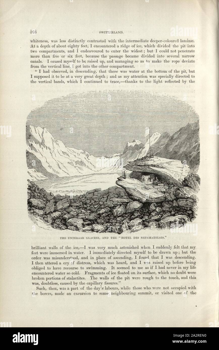 Il ghiacciaio Unteraar, e Hotel des Neuchatelois, vista dal ghiacciaio Unteraar, p. 308, 1854, Charles Williams, Alpi, Svizzera e nord Italia. Londra: Cassell, 1854 Foto Stock