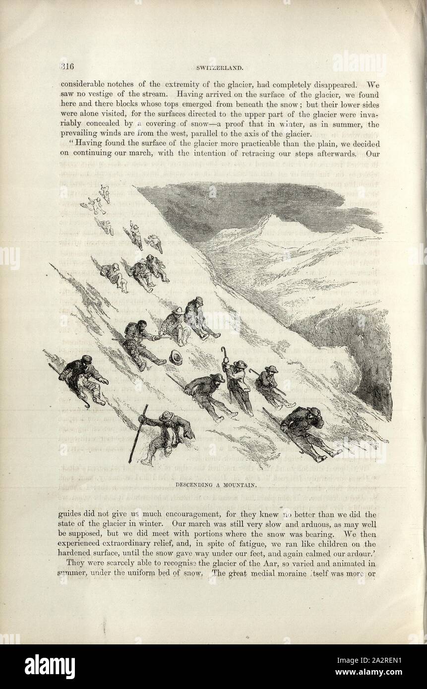 Scendendo una montagna, gli alpinisti ondeggiare la discesa di un pendio, p. 316, 1854, Charles Williams, Alpi, Svizzera e nord Italia. Londra: Cassell, 1854 Foto Stock
