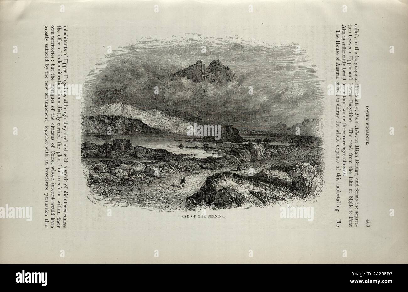 Il lago del Bernina, il lago sul Passo del Bernina, p. 489, 1854, Charles Williams, Alpi, Svizzera e nord Italia. Londra: Cassell, 1854 Foto Stock