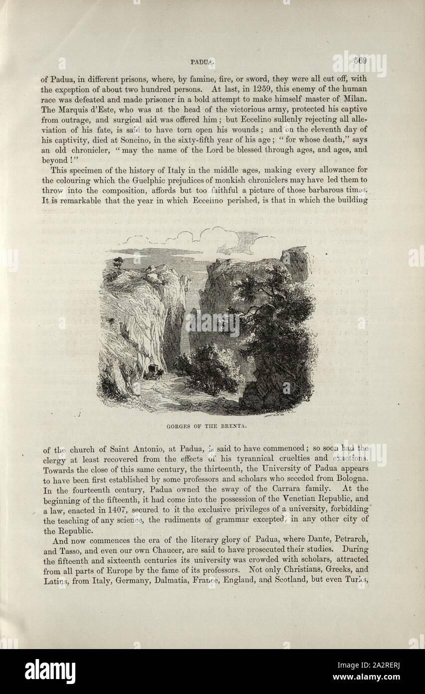 Le gole del fiume Brenta, Brenta Canyon, p. 569, 1854, Charles Williams, Alpi, Svizzera e nord Italia. Londra: Cassell, 1854 Foto Stock
