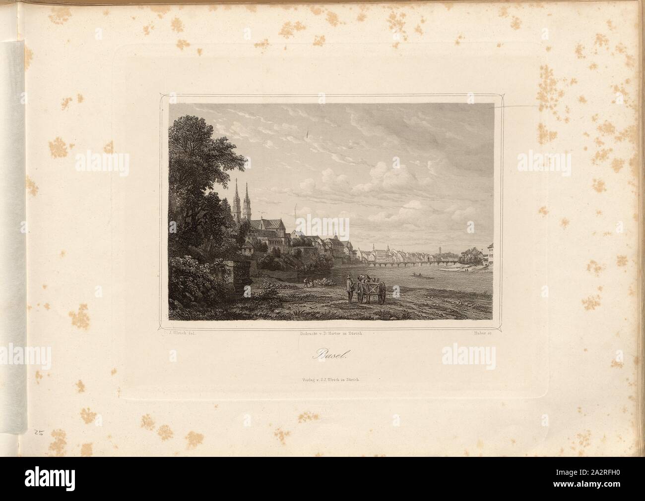 Basilea, vista di Basilea con Basilea Minster, Reno e Ponte sul Reno (Mittlere Brücke), firmato: J. Ulrich del, Huber sc, TAF. 25, S. 105, Ulrich, J. (CANC.); Huber, C. (sc.), 1856, Johann Jakob Ulrich, Johann Jakob Reithard Foto Stock