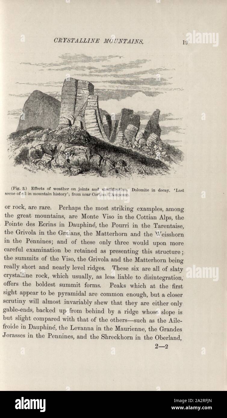 Effetti del clima sulle articolazioni e la stratificazione, vista di rocce vicino a Cortina d'Ampezzo, firmato: Whymper, fig. 3, p. 19, Whymper, Edward, 1868, Thomas George Bonney, Edward Whymper: le regioni Alpine della Svizzera e dei paesi limitrofi: un pedone's Note sulle loro caratteristiche fisiche, panorami e Storia Naturale. Cambridge : Deighton, Bell e Co., 1868 Foto Stock