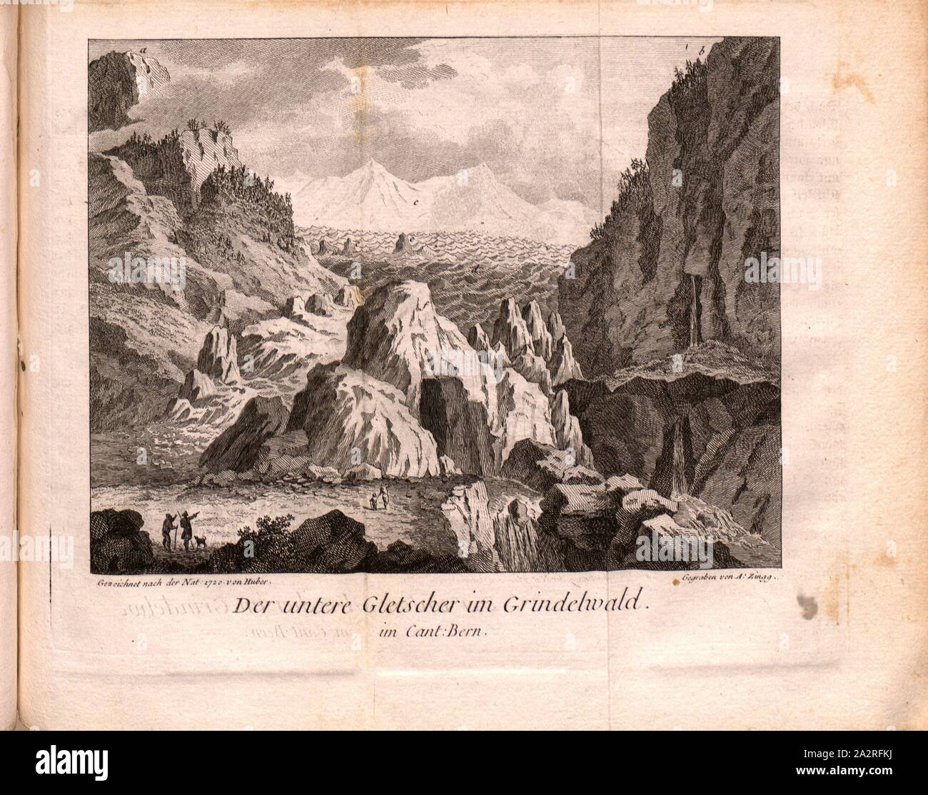 Il ghiacciaio inferiore in Grindelwald in Cant. Berna, Vista inferiore del ghiacciaio di Grindelwald con Mettenberg, Eigersbreithorn, Fiescherhorn e Weisse Lütschine, firmato: firmato dopo la natura del 1720 da Huber, scavate da A. Zingg, pl. 10, dopo p. 12 (parte 2), Huber (gezeichnet); Zingg, Adrian (gegraben), 1720, Gottlieb Sigmund Gruner Reisen durch die merkwürdigsten Gegenden Helvetiens (...). Londen [i. e. Berna]: bey typographischen der Gesellschaft, 1778 Foto Stock