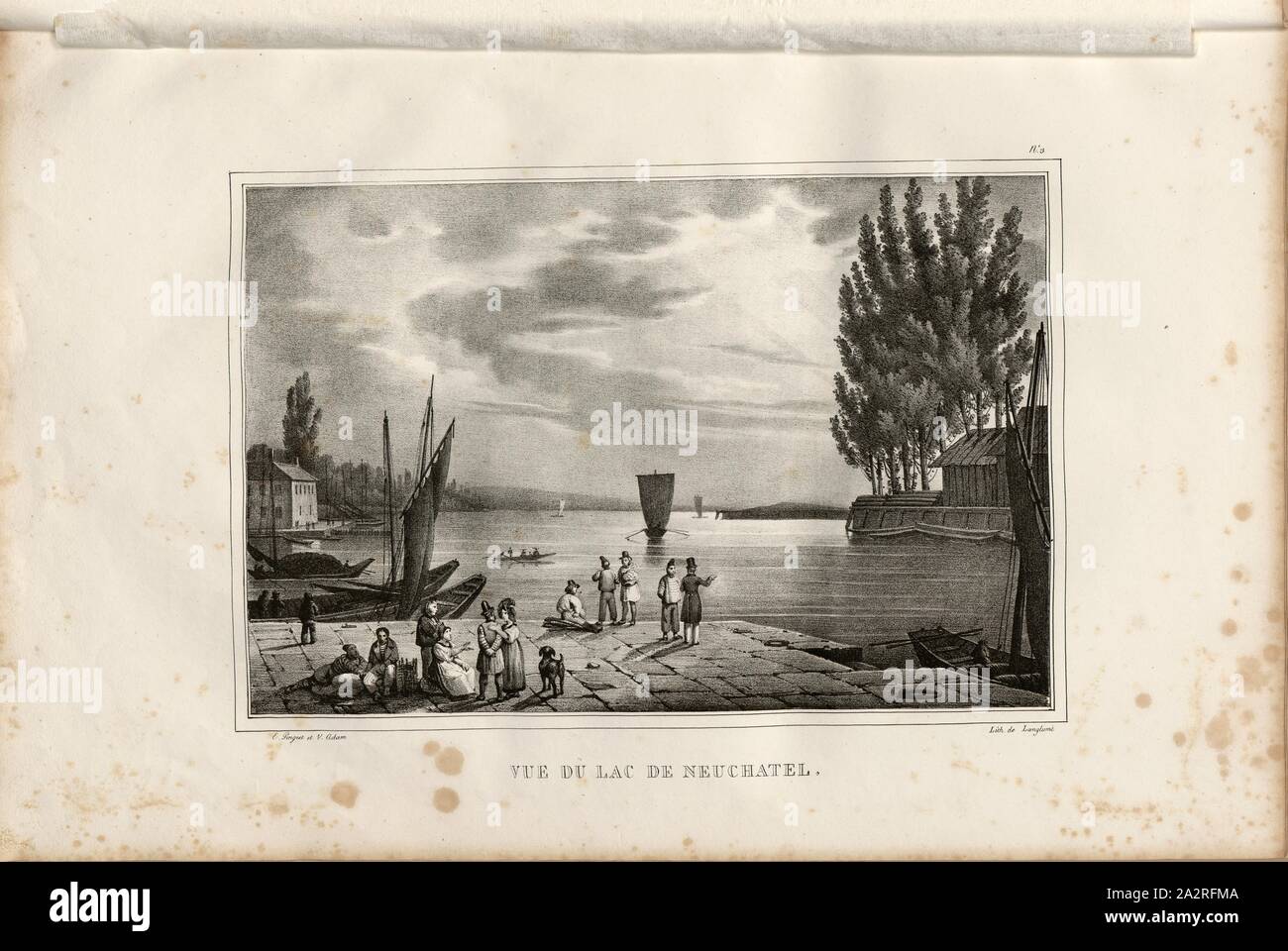 Vista del lago di Neuchâtel, la vista sul lago di Neuchâtel, N. 3, dopo p. 10, p. 21, Pingret, Edouard; Adamo V.; Langlumé (lith.), Hilaire Sazerac: Onu mois en Suisse ou souvenirs d'un voyageur. Parigi: Sazerac & Duval, 1825 Foto Stock