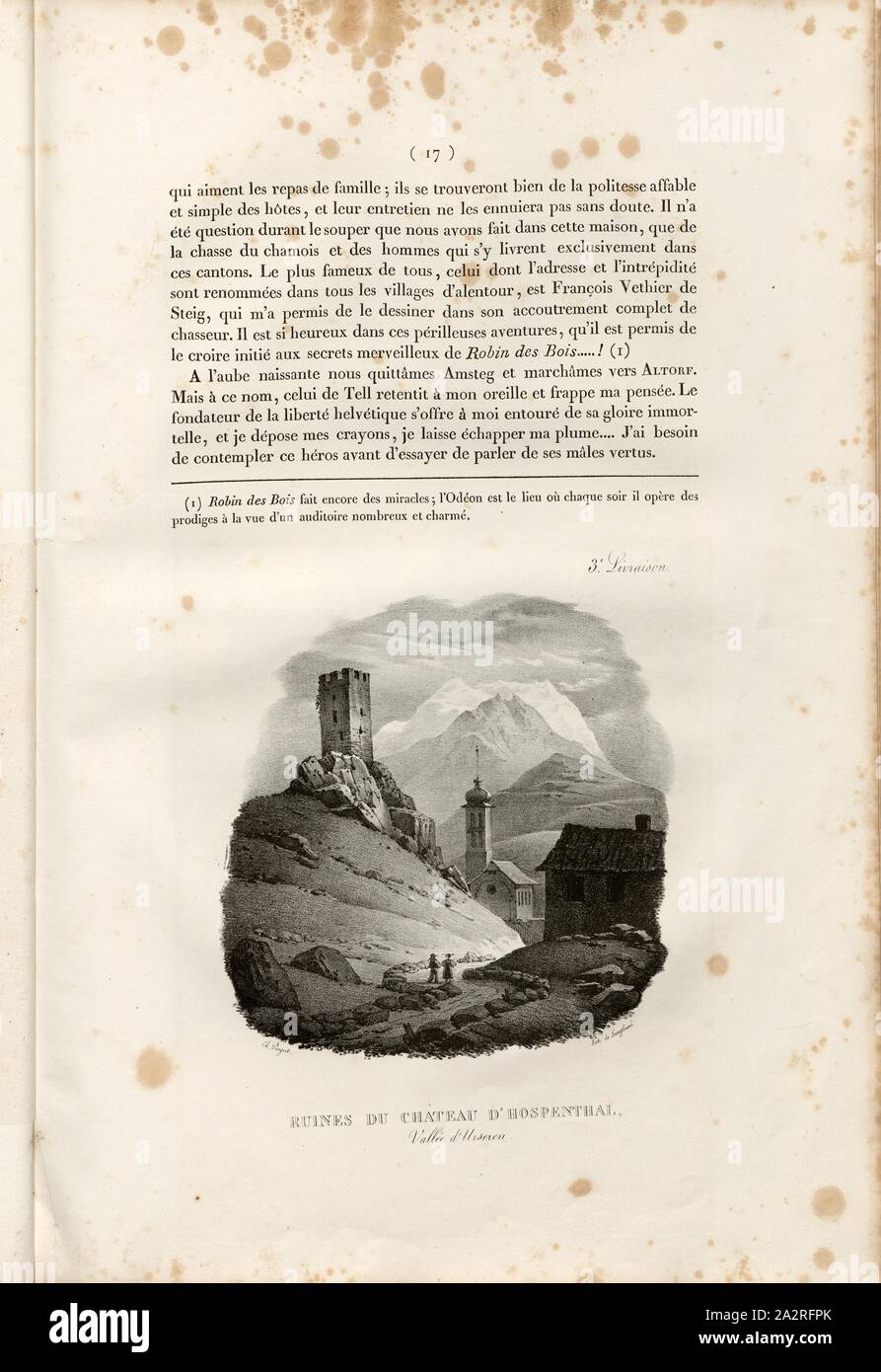 Rovine del Castello d'Hospental. Vallata di Urseren, Hospental vista castello, anche Torre dei signori di Hospental, p. 17 121, Pingret, Edouard (CANC.); Langlumé (lith.); Sazerac, Hilaire (ed.), Hilaire Sazerac: Onu mois en Suisse ou souvenirs d'un voyageur. Parigi: Sazerac & Duval, 1825 Foto Stock