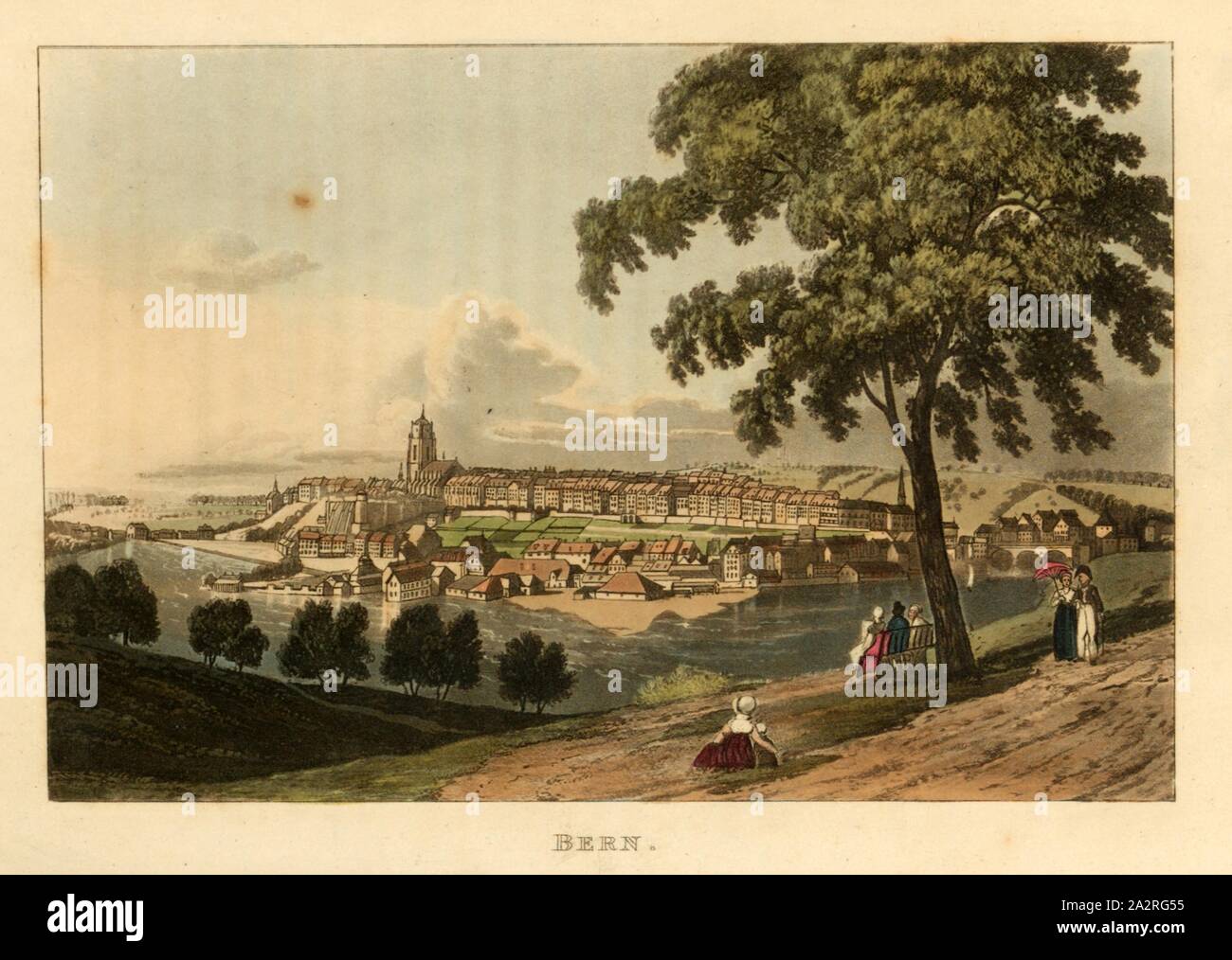 Berna, vista sulla città di Berna con Aare, firmato: R. Ackermann's Repository di arti & c., Pub, TAF. 1, secondo S. viii, R. Ackermann's repository delle arti &c. (Publ.), 1823, Gabriel Lory: pittoresca gita attraverso il bernese nel Cantone di Berna in Svizzera. Londra: R. Ackermann's repository delle arti, MDCCCXXIII [1823 Foto Stock