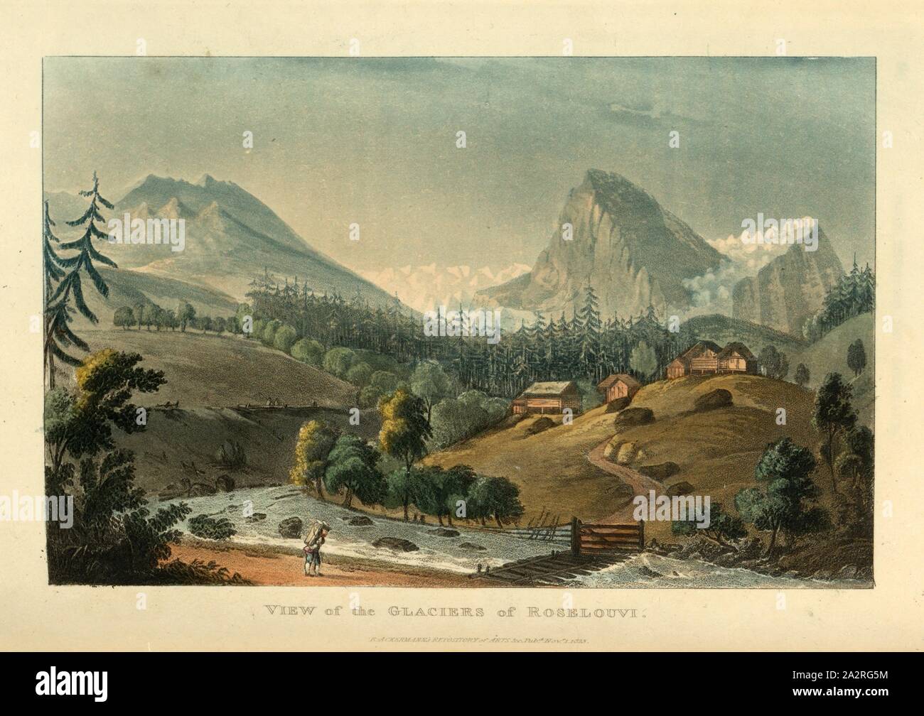 Vista sui ghiacciai Roselouvi, Ghiacciaio di Rosenlaui e Wellhorn, firmato: R. Ackermann's Repository di arti & c., Pub, TAF. 13, dopo p. 96, Lory, Mathias Gabriel der Jüngere (dess. par); R. Ackermann's repository delle arti &c. (Publ.), 1823, Gabriel Lory: pittoresca gita attraverso il bernese nel Cantone di Berna in Svizzera. Londra: R. Ackermann's repository delle arti, MDCCCXXIII [1823 Foto Stock