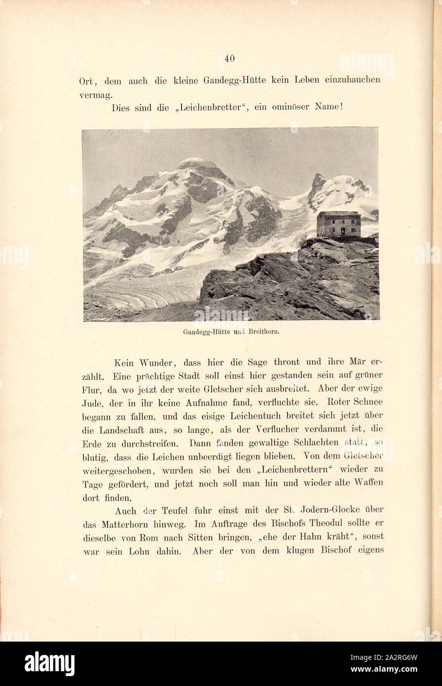 Capanna Gandegg e Breithorn, Gandegghütte e Breithorn vicino a Zermatt in sulle Alpi del Vallese, Fig. 25, p. 40, Theodor Wundt: Das Matterhorn und seine Geschichte. Berlino: Raimund Mitscher, [1896 Foto Stock