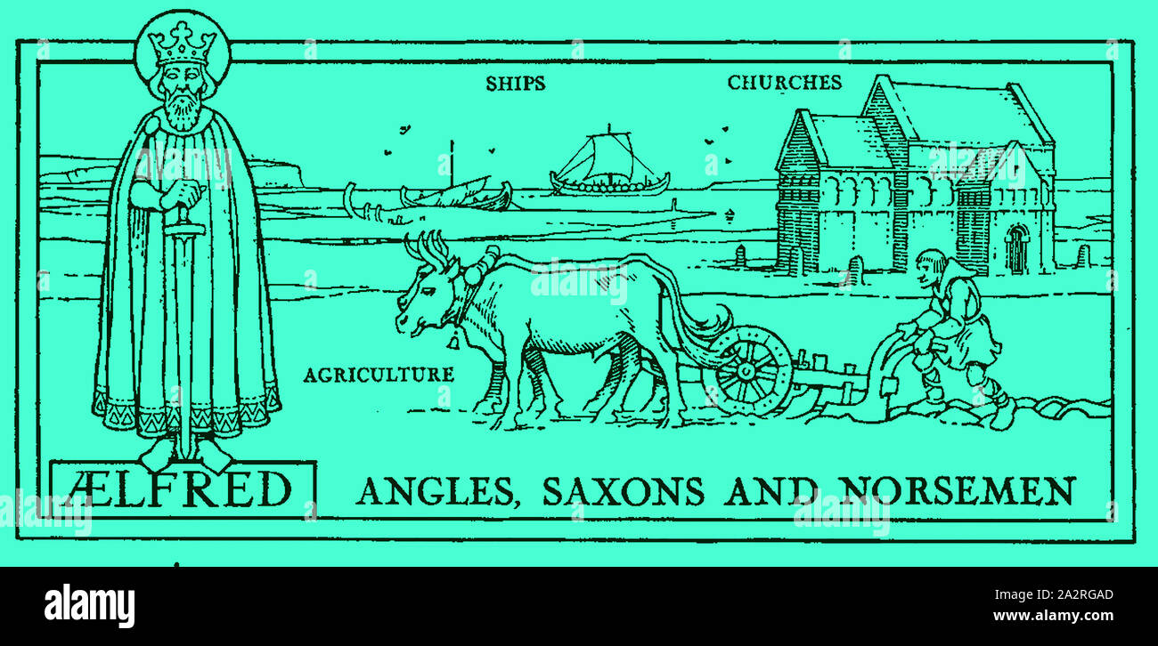 1930 Illustrazione che mostra immagini simboliche dalla storia della Gran Bretagna al tempo di re Aelfred - anglo-sassoni -Navi - Chiese -'Agricoltura - plowman Foto Stock