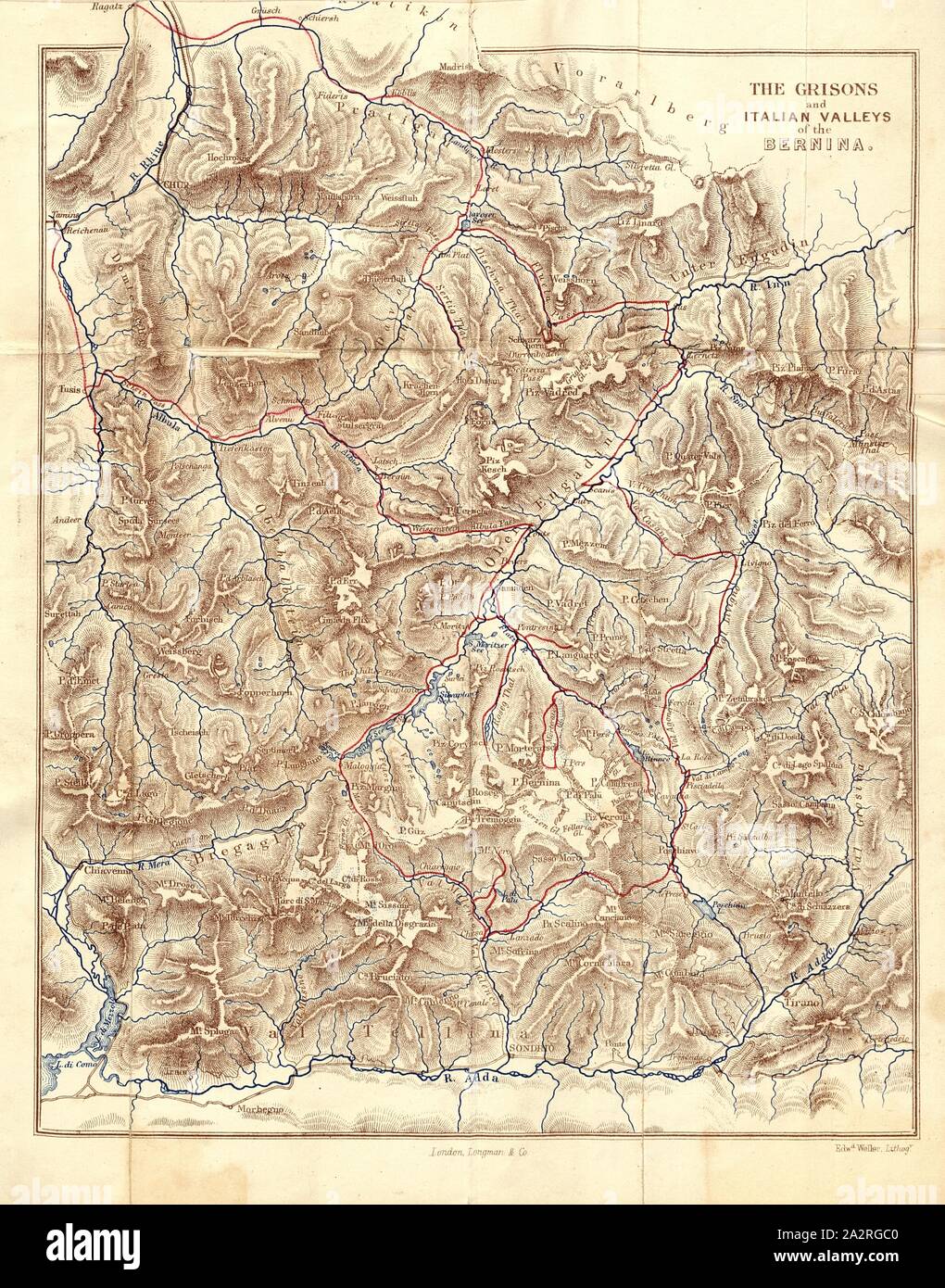 Il Cantone dei Grigioni e valli italiane del Bernina, mappa dei Grigioni tra Prättigau e Sondrio, firmato: Edw., Weller, litografia, Fig. 6, p. 292, Weller, Edward (lith.), Jane Quintin Freshfield: un tour estivo nel Cantone dei Grigioni e valli italiane del Bernina. Londra: Longman, Verde Longman e Roberts, 1862 Foto Stock