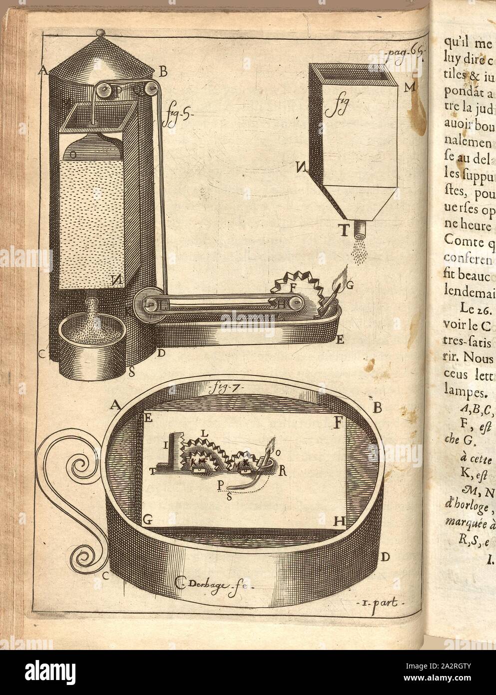 Modelli di lampada, illustrazione di diverse lampade a olio dal XVII secolo, firmato: C. Derbage., Fe, Fig. 2, secondo p. 64, Derbage, cl. (Fec.), 1665, Jean Bertet, Balthasar de Monconys: Journal des Voyages de Monsieur de Monconys: [...]. Premiere partie. Lione: chez Orazio Boissat & George Remeus, 1665 Foto Stock