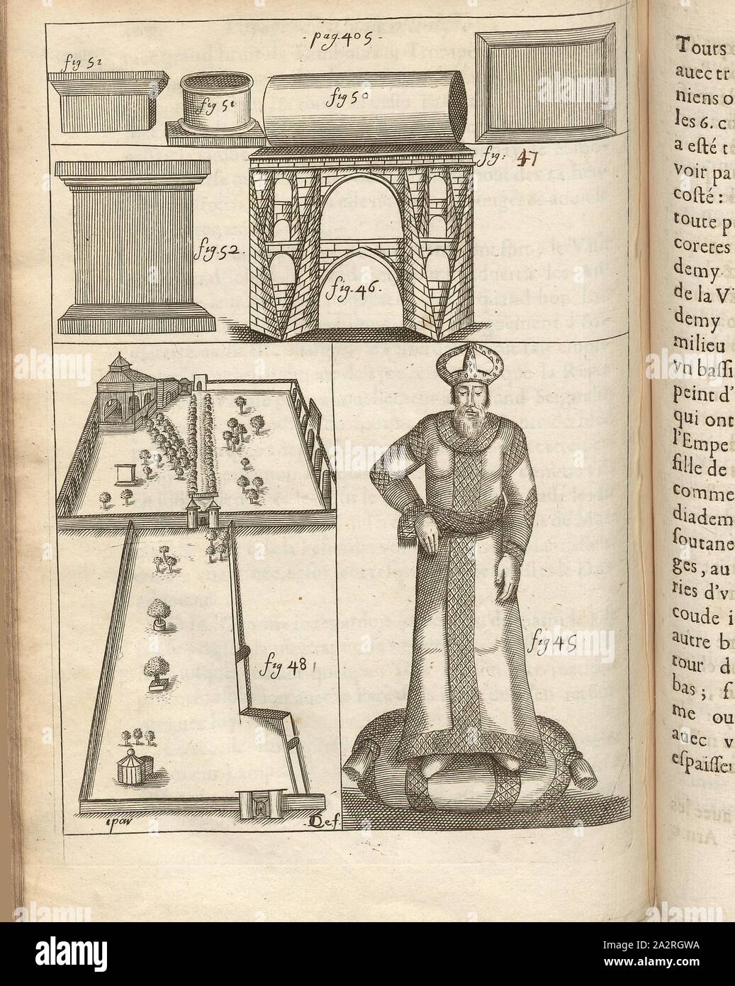 Sultan, Monastero di Chios, ottomano acquedotto nella foresta Belgrader con le sue caratteristiche architettoniche, Fig. 45: Illustrazione del sultano dal XVII secolo, Fig. 46: schizzo del Ottoman acquedotto nella foresta Belgrader dal XVII secolo, Fig. 48: schizzo del monastero a Chios dal XVII secolo, Fig., 50, 51, 52: schizzi di dettagli architettonici dell acquedotto a partire dal XVII secolo, firmato: CDe.f, Fig. 11, secondo p. 404, Derbage, cl. (Fec.), 1665, Jean Bertet, Balthasar de Monconys: Journal des Voyages de Monsieur de Monconys: [...]. Premiere partie. Lione: chez Orazio Foto Stock