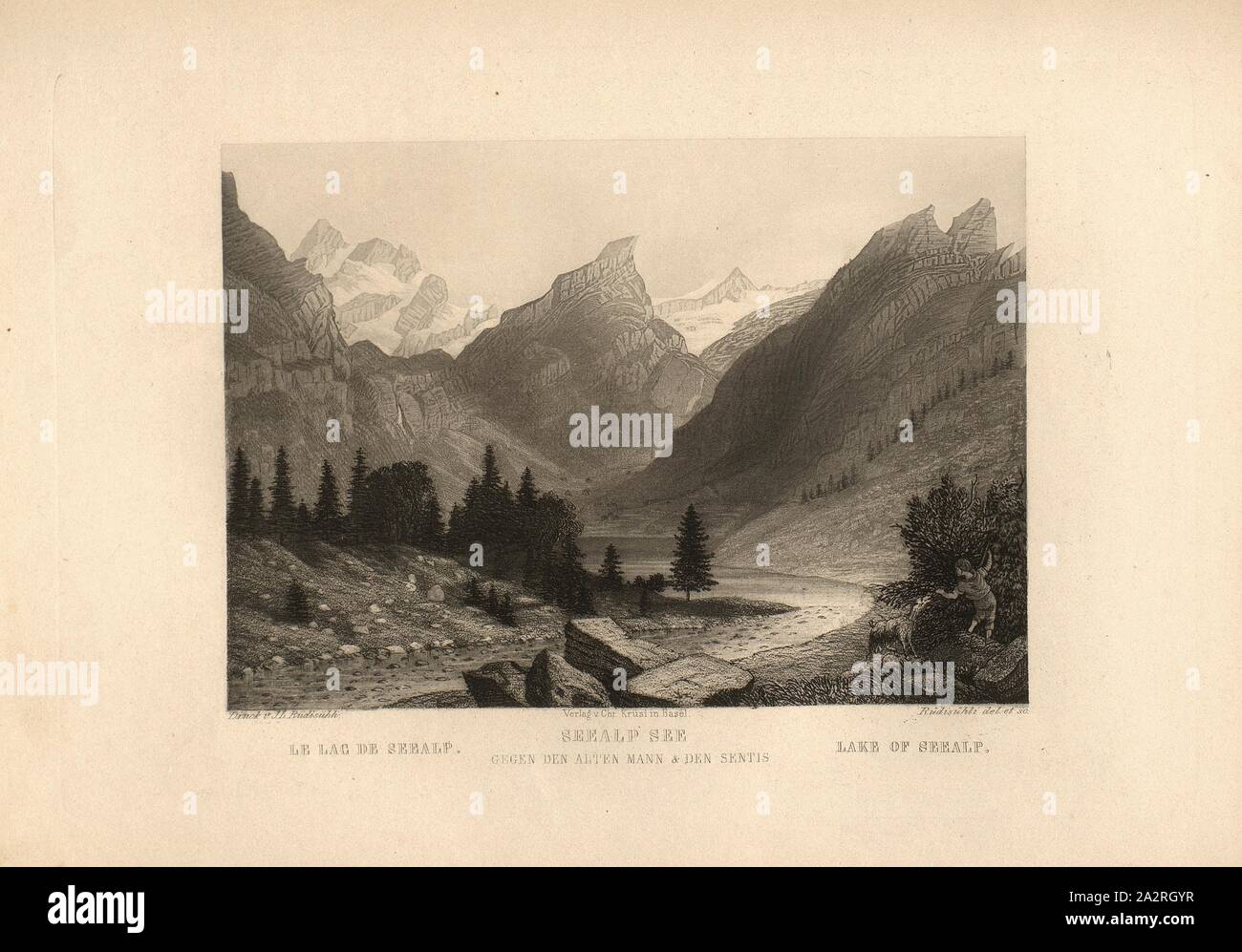 Lago Seealp contro il vecchio e il Sentis, vista sul mare Peal nella parte anteriore del Säntis e l uomo vecchio con il bambino e la capra, dopo p. 63, p. 71, Rüdisühli, J. L. (CANC., sc. et imp.), 1870, Eduard Osenbrüggen: Das Hochgebirge der Schweiz: Prachtwerk 52 mit der interessantesten Ansichten aus dem Alpen-, Gletscher- und Felsengebiete. Basilea: Krüsi, [18 Foto Stock