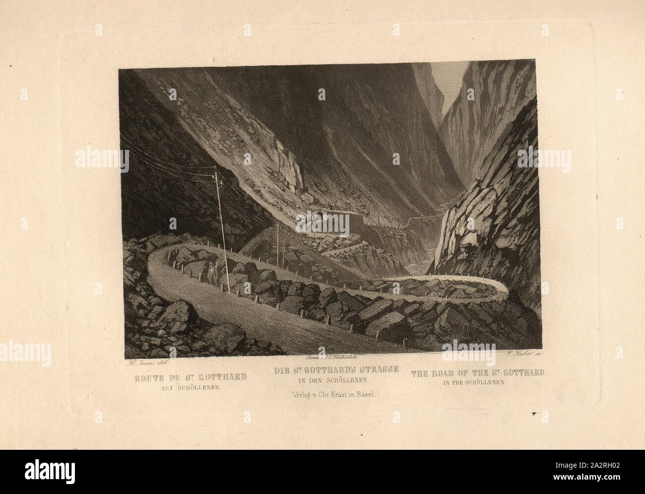 Il San Gottardo street nella Schöllenen, strada a San Gottardo, con linee telefoniche e una valanga di protezione, tunnel dopo p. 91, p. 97, Jenni, H. (CANC.); Huber, C. (sc.); Rüdisühli, J. L. (imp.), 1870, Eduard Osenbrüggen: Das Hochgebirge der Schweiz: Prachtwerk 52 mit der interessantesten Ansichten aus dem Alpen-, Gletscher- und Felsengebiete. Basilea: Krüsi, [18 Foto Stock