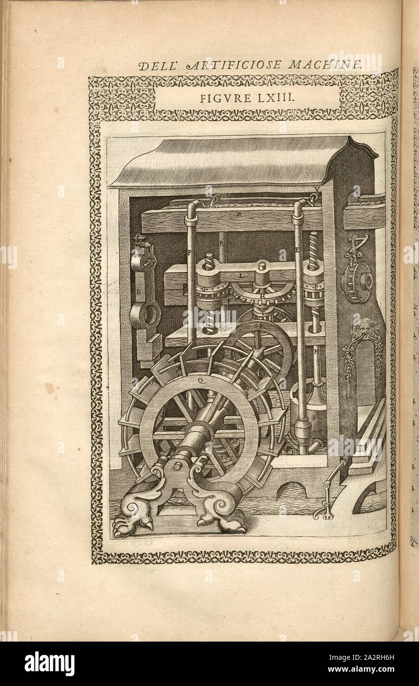 Pumpe (54), la pompa idrostatica, incisione su rame, Fig. LXIII, p. 97, 1588, Agostino Ramelli: Le diverse et artificiose machine del capitano Agostino Ramelli (...). A Parigi: nella Casa del'autore, 1588 Foto Stock