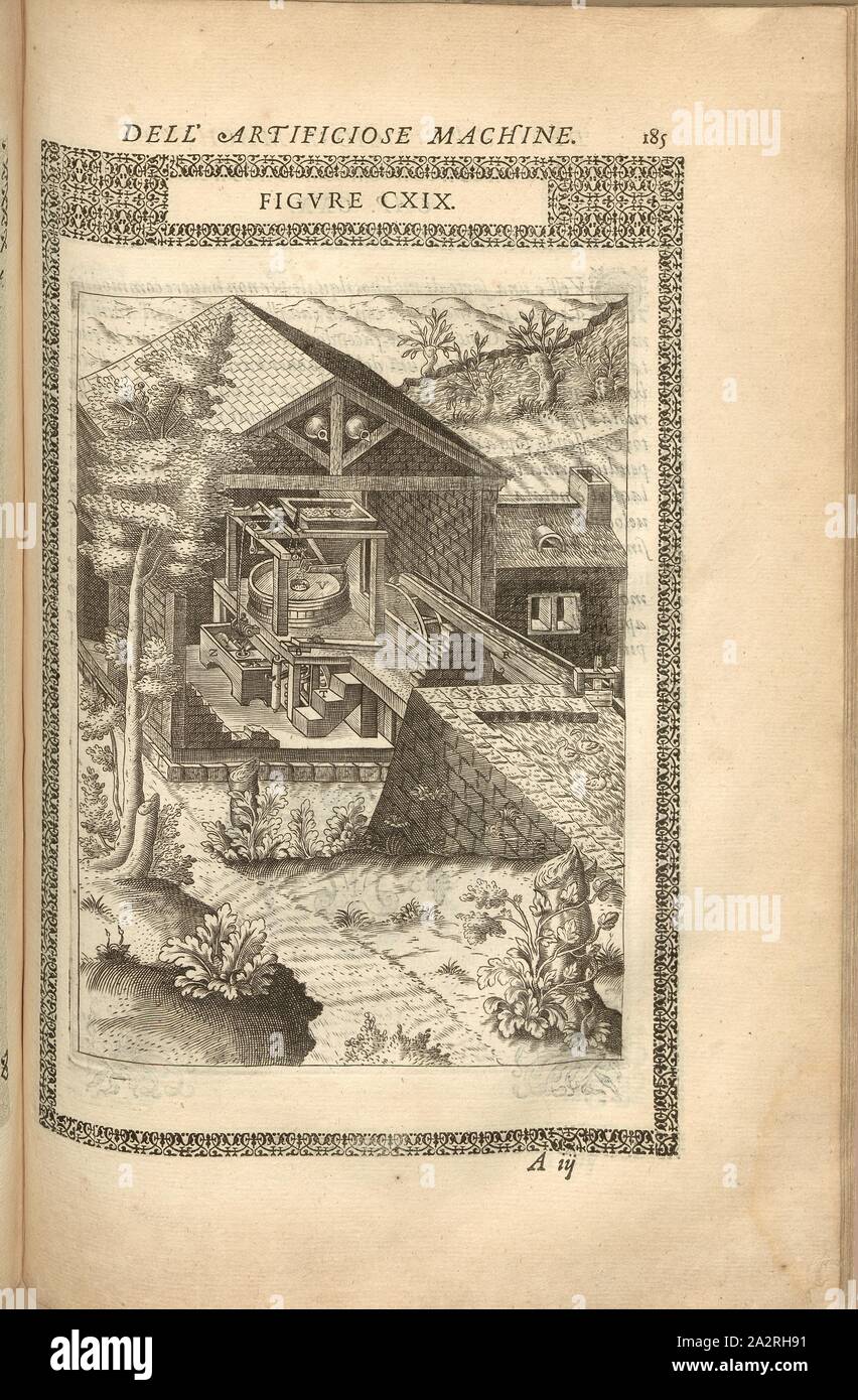 Mühle (7), come un mulino ad acqua funziona, incisione su rame, Fig. CXIX, p. 185, 1588, Agostino Ramelli: Le diverse et artificiose machine del capitano Agostino Ramelli (...). A Parigi: nella Casa del'autore, 1588 Foto Stock