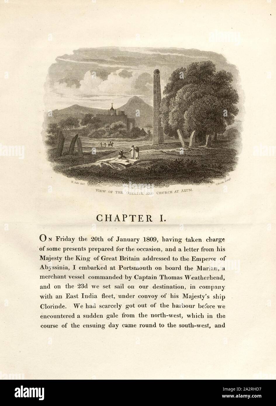 Vista l'Obelisco e Chiesa di Axum, vista l'obelisco e la chiesa di Axum, p. 7, sale, Henry (CANC.); Heath, C. (sculp.); 1814, Henry sale: un viaggio in Abissinia e viaggi all'interno di quel paese, eseguiti sotto gli ordini del governo britannico, negli anni 1809 e 1810: in cui sono inclusi, un conto dell'insediamento portoghese sulla costa orientale dell'Africa, ha visitato nel corso del viaggio: una concisa descrizione dei ritardi di eventi in Arabia Felix: e alcuni particolari rispettando gli aborigeni tribù africana, che si estende da Mosambique ai confini dell'Egitto Foto Stock