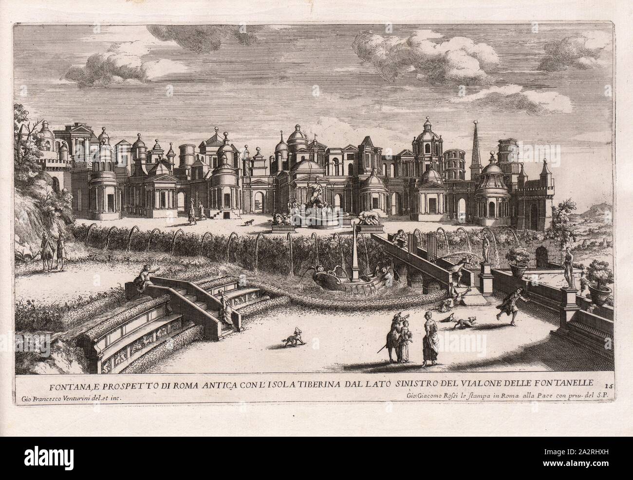 Fontana e vista di Roma antica con l'Isola Tiberina dal lato sinistro del Vialone Delle Fontalle, vista di Roma dal XVII secolo, firmato: Gio Francesco Venturini del. Et inc., Gio., Giacomo Rössi le stampa in Roma alla Pace con priu., del S.P, Pl. 15, p. 193, Venturini, Gio Francesco (CANC. et inc.); Rössi, Gio. Giacomo (stampa), 1684, Giovanni Battista falda, Giovanni Giacomo De Rossi, Giovanni Francesco Venturini: Le fontane di Roma nelle piazze e luoghi publici della città, con li loro prospetti, vieni sono al presente [...]. Parte quarta. Roma: Rossi, [ca. 1684 Foto Stock