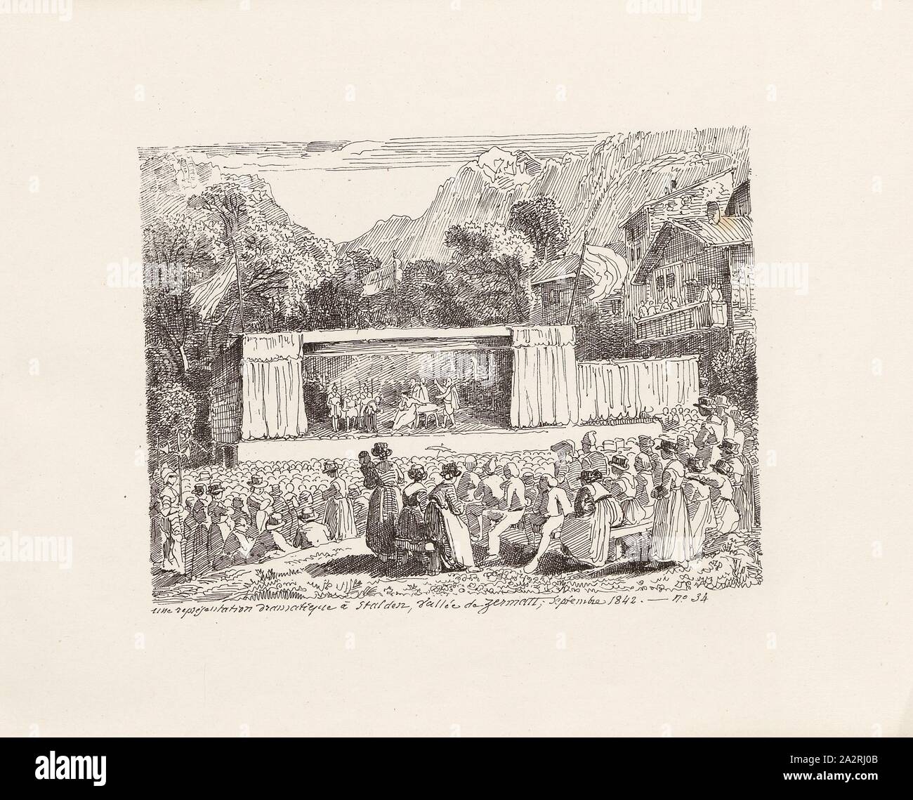 Una drammatica prestazioni in Stalden, Zermatt Valley, performance teatrali in Stalden in Zermattertal, N. 34, S. 69, Toepffer, Rodolphe, 1843, Rodolphe Toepffer: Voyage autour du Mont Blanc, dans les vallées d'Hérens, de Zermatt et au Grimsel. [Genève]: [Schmid], [1843 Foto Stock