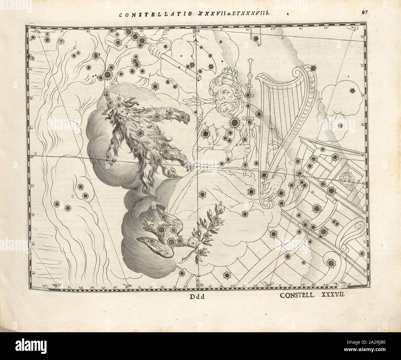 Lepus, Costellazioni di conigli e di colomba, Constellatio XXXVIIa et XXXVIIb, p. 97, Bayer, Johann; Kager, Johann Matthias; Kilian, Lucas; Schecks Kaspar, 1627, Julius Schiller: Coelum stellatum Christianum (...). Augustae Vindelicorum [Augsburg]: praelo Andreae Apergeri, 1627 Foto Stock