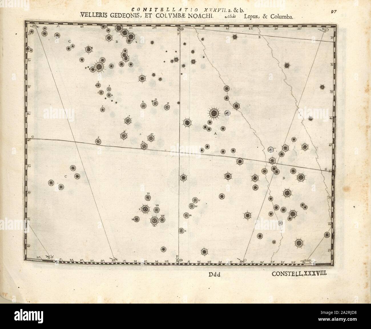 Lepus & Columba, Costellazioni di lepre e Colomba, Constellatio XXXVIIa & B, p. 97, Bayer, Johann; Schecks Kaspar, 1627, Julius Schiller, Johann Bayer Kaspar Schecks: Coelum stellatum Christianum convexum (...). Augustae Vindelicorum [Augsburg]: praelo Andreae Apergeri, 1627 Foto Stock