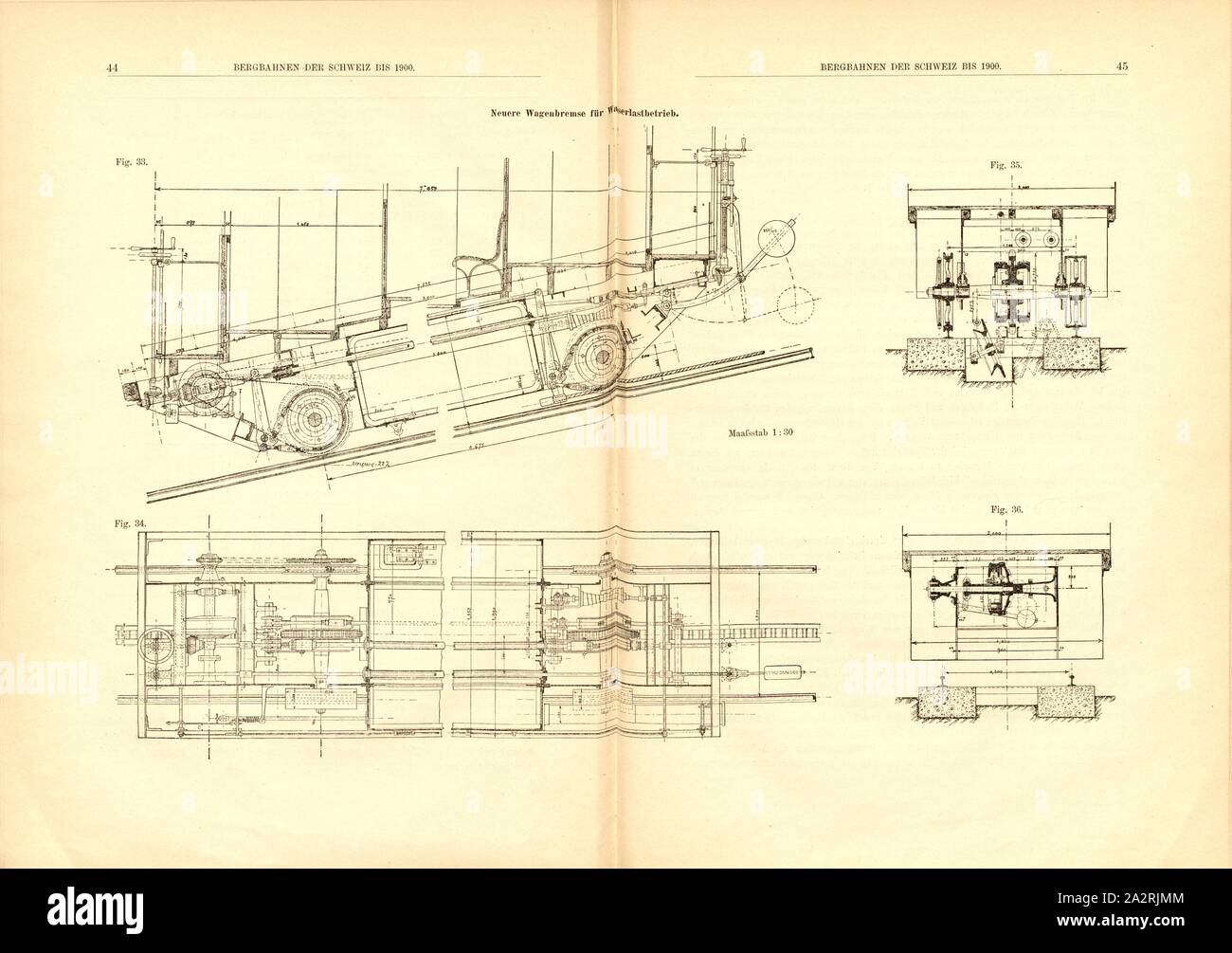 Vettura più recente freno per il carico di acqua il funzionamento, Fig. 33-36: disegni tecnici per un carro freno su un cavo auto con carico acqua funzionamento, Fig. 13, pagg. 44-45, E. Strub: Bergbahnen der Schweiz bis 1900. Bd. 1. Wiesbaden: Verlag von J F. Bergmann, 1900 Foto Stock