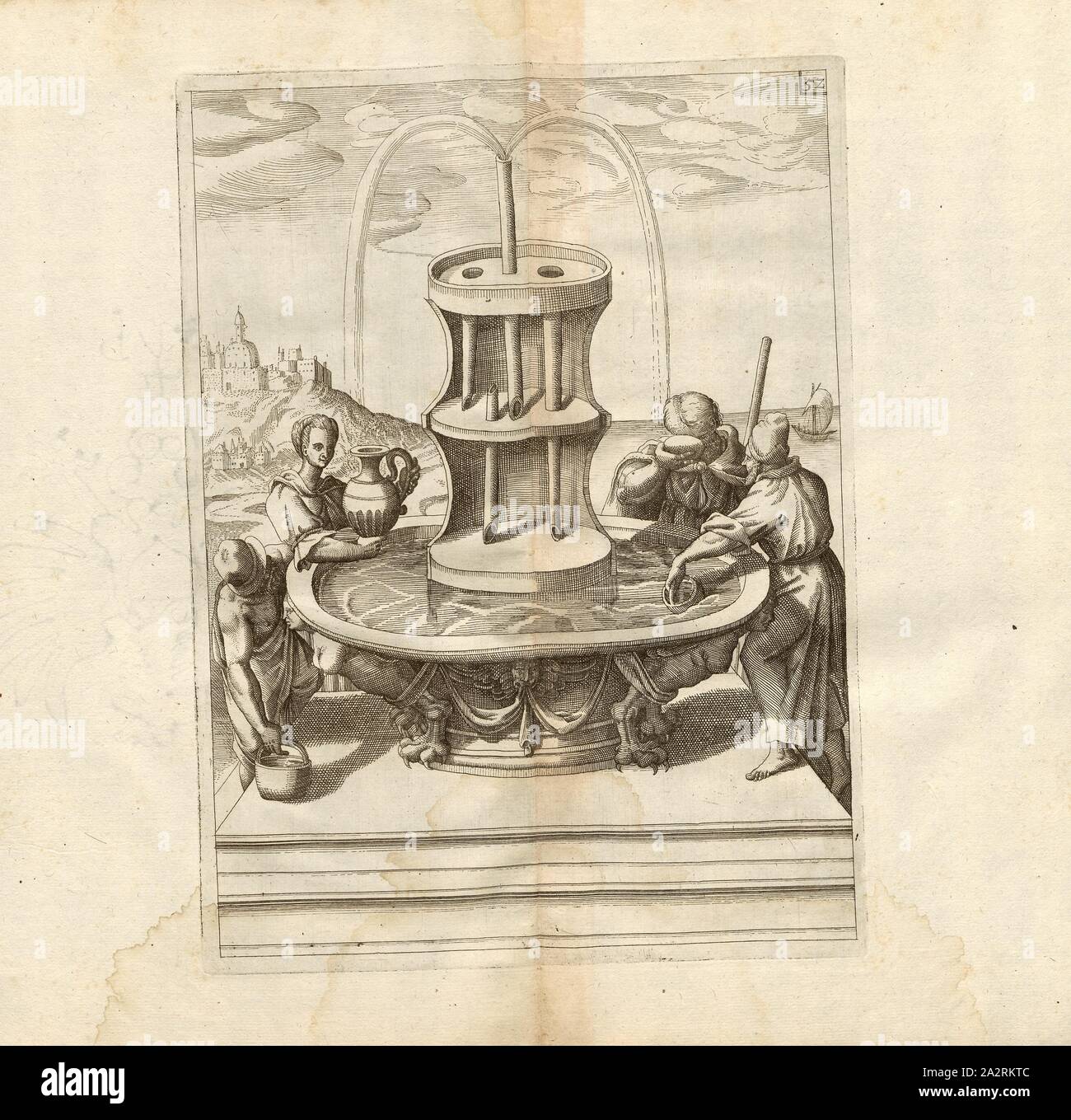 Un altro tipo di un springbell, semplice fontana con una fontana, Fig. 52, dopo p. 18, p. 76, 1629, Iacobum de Strada à Rosberg: Kunstliche Abriss, allerhand Wasser-, vento, Ross- und mano Mühlen, beneben schönen und nützlichen Pompen, auch andern Machinen, damit das Wasser in Höhe zuerheben, auch lustige Brunnen und Wasserwerck, dergleichen vor diesem nie gesehen worden: jetzo mit underschiedlichen Inventionen gemehret [...]. Franckfurt am Mayn: in Verlegung Octavii de Strada..., 1629 Foto Stock