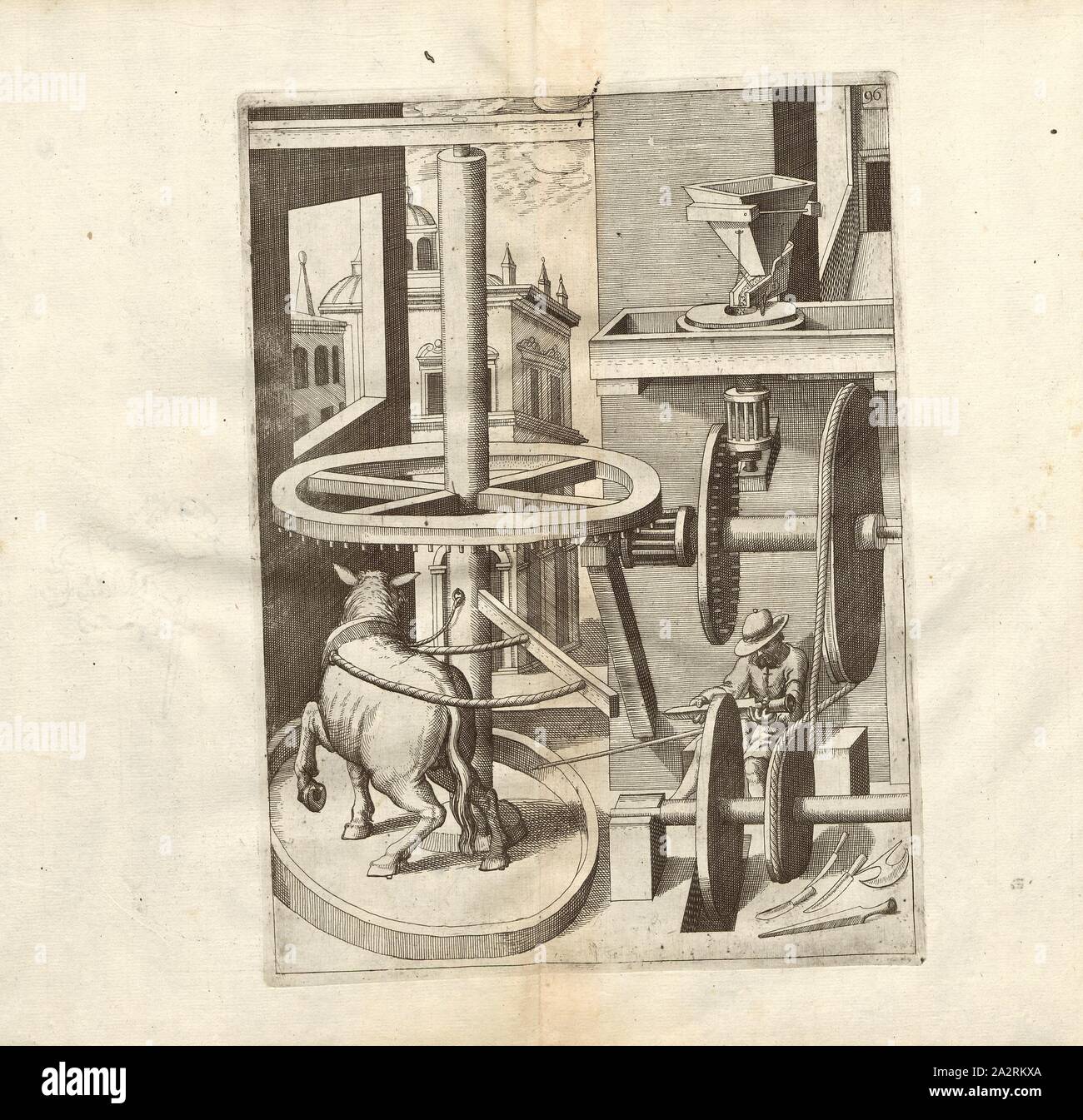 Un cavallo mills con un macinato mulini di levigatura, Mill e mola sono pilotati da un cavallo, Fig. 96, dopo p. 18, p. 120, 1629, Iacobum de Strada à Rosberg: Kunstliche Abriss, allerhand Wasser-, vento, Ross- und mano Mühlen, beneben schönen und nützlichen Pompen, auch andern Machinen, damit das Wasser in Höhe zuerheben, auch lustige Brunnen und Wasserwerck, dergleichen vor diesem nie gesehen worden: jetzo mit underschiedlichen Inventionen gemehret [...]. Franckfurt am Mayn: in Verlegung Octavii de Strada..., 1629 Foto Stock