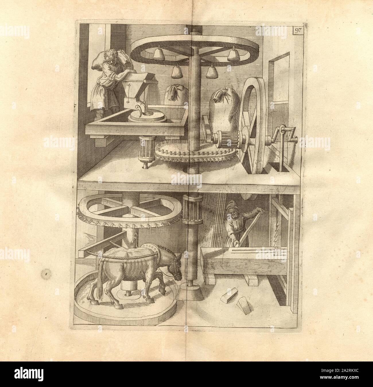 Un Rossmühl con angehenger Schneidtmühl, un cavallo aziona entrambi un mulino e di un mulino di taglio tramite una ruota, Fig. 97, dopo p. 18, p. 121, 1629, Iacobum de Strada à Rosberg: Kunstliche Abriss, allerhand Wasser-, vento, Ross- und mano Mühlen, beneben schönen und nützlichen Pompen, auch andern Machinen, damit das Wasser in Höhe zuerheben, auch lustige Brunnen und Wasserwerck, dergleichen vor diesem nie gesehen worden: jetzo mit underschiedlichen Inventionen gemehret [...]. Franckfurt am Mayn: in Verlegung Octavii de Strada..., 1629 Foto Stock