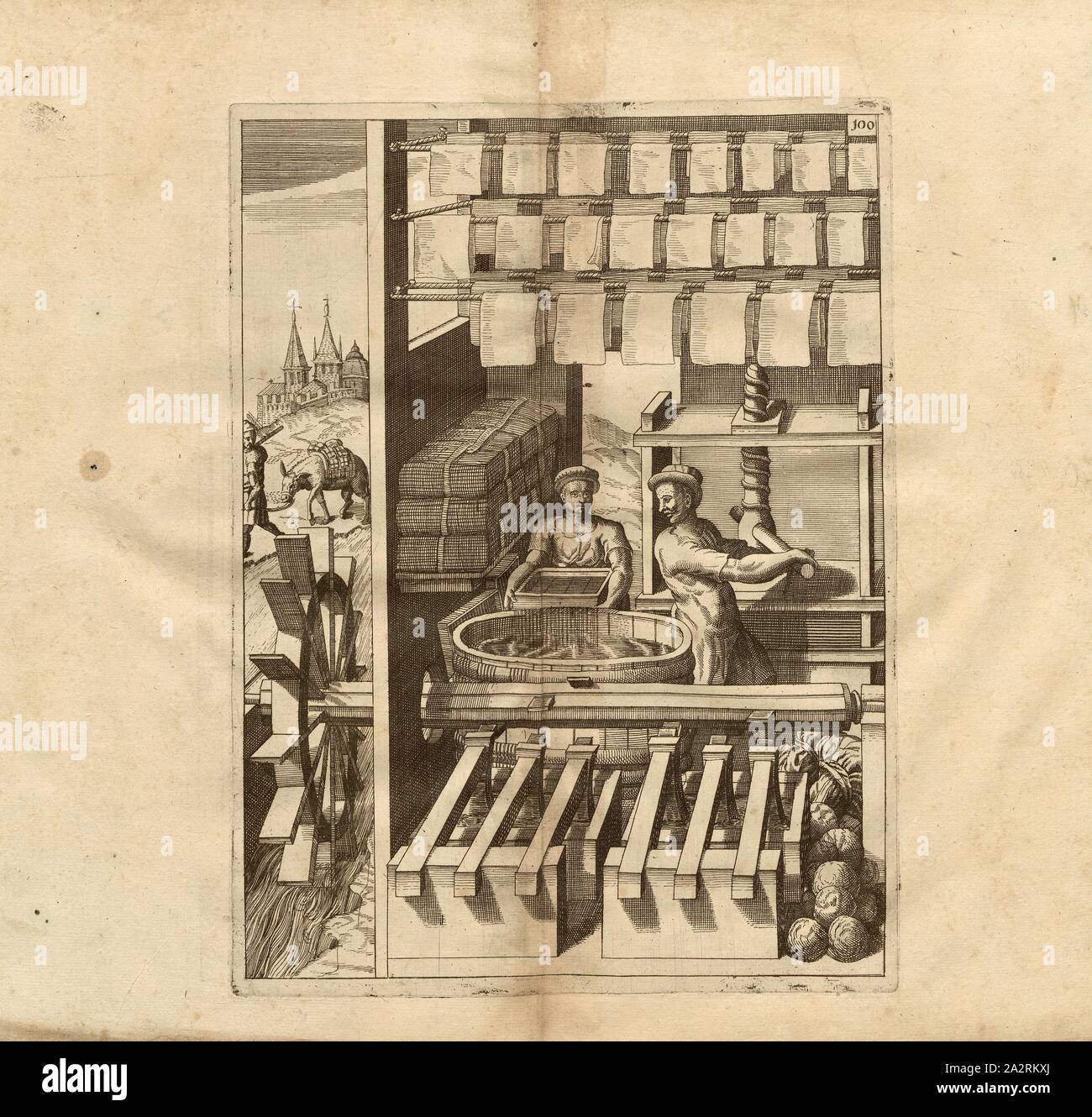 Un mulino di carta, il Mulino azionato da un waterwheel per la produzione della carta, Fig. 100, dopo p. 18, p. 124, 1629, Iacobum de Strada à Rosberg: Kunstliche Abriss, allerhand Wasser-, vento, Ross- und mano Mühlen, beneben schönen und nützlichen Pompen, auch andern Machinen, damit das Wasser in Höhe zuerheben, auch lustige Brunnen und Wasserwerck, dergleichen vor diesem nie gesehen worden: jetzo mit underschiedlichen Inventionen gemehret [...]. Franckfurt am Mayn: in Verlegung Octavii de Strada..., 1629 Foto Stock