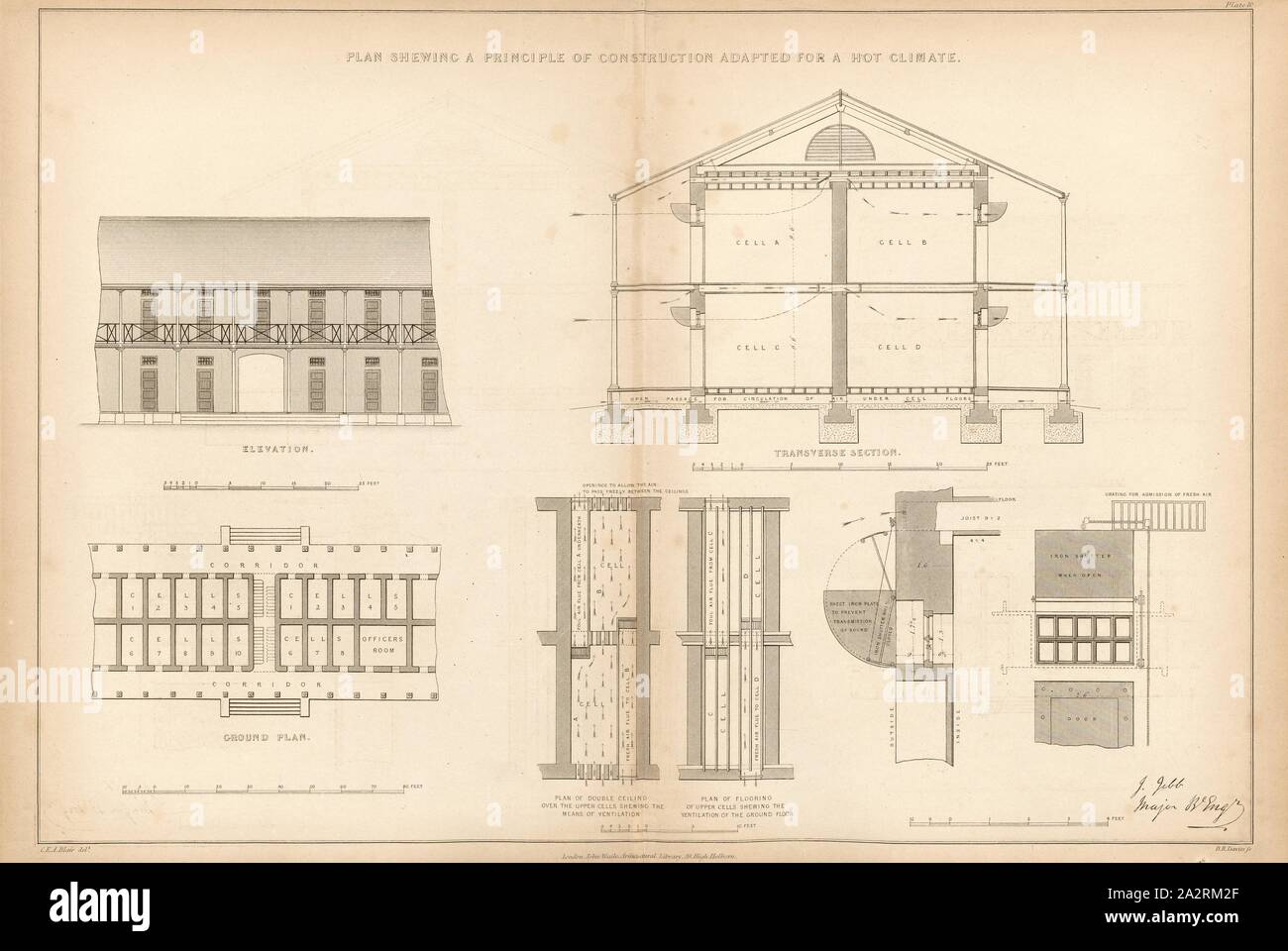 Progettazione annunziando un principio di costruzione adatta per un clima caldo, prigione modello per le regioni con climi più caldi, firmato: C.E.A. Blair del, R. Davies sculp, Pl. 10, dopo p. 24, Blair, C. E. A. (CANC.); Davies, Benjamin Rees (sc.), J. Jebb: prigioni moderne: la loro costruzione e la ventilazione. Londra: John Weale, 1844 Foto Stock