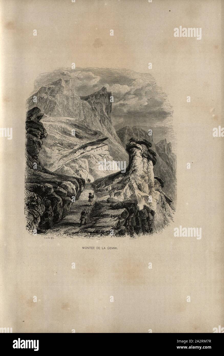 Salita del Gemmi, Salita al Gemmi, firmato: D'Aubigny, il pisano, incisione su legno, la piastra 23, dopo p. 215, D'Aubigny; Toepffer, Rodolphe; il Pisano, 1846, Alexandre Calame, Rodolphe Toepffer, Voyages en zigzag ou escursioni d'onu pensionnat en vacances dans les cantoni suisses et sur le revers italien des Alpes. Parigi: J. J. Dubochet, Le Chevalier et Compagnie, 1846 Foto Stock