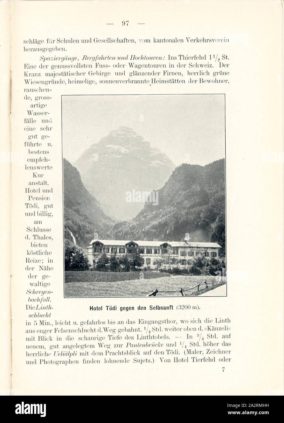 Hotel Tödi gegen den Selbsanft (3200 m), stimato automaticamente nel cantone di Glarona, data, Fig. 99, p. 97, 1900, J. Knobel: Illustrierter Reisebegleiter für die Alpenstrasse des Klausen und ihre Zufahrtslinien. Glarona: Buchdruckerei J. Spälti, 1900 Foto Stock