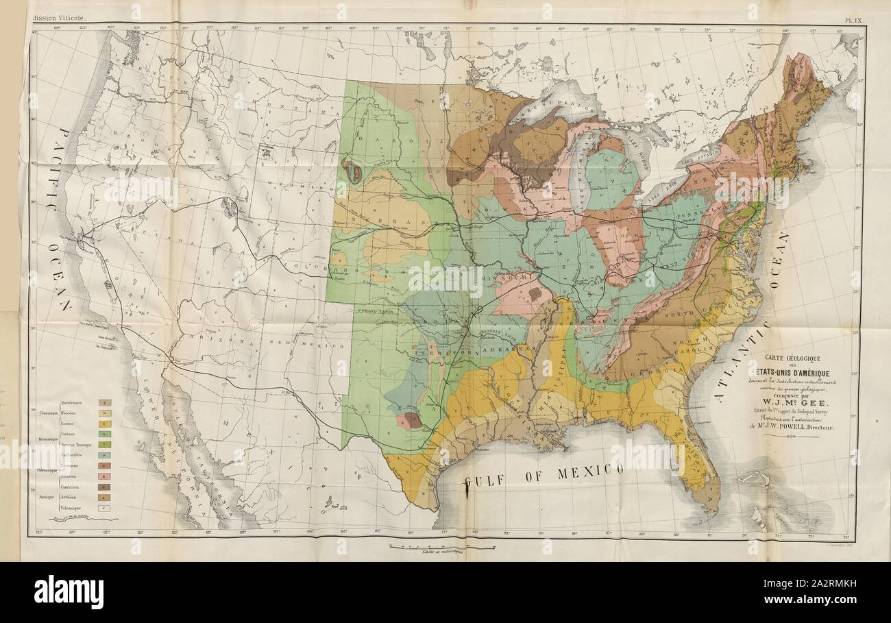 Mappa geologica degli Stati Uniti d'America ..., mappa degli Stati Uniti d'America, firmato: G. Severeyns lith, Pl. IX, dopo p. 375, Severeyns, G. (lith.), 1889, Pierre Viala, B. Chauzit: Une missione viticole en Amérique. Montpellier: Camille Coulet, Libraire-Editeur; Parigi: Georges Masson, 1889 Foto Stock