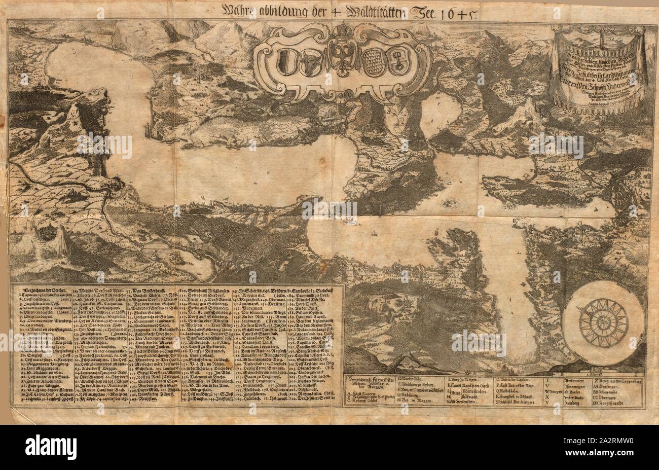 La vera immagine del 4 Waldstätten lago 1645, rappresentazione cartografica del Lago di Lucerna intorno al 1645, Fig. 1, prima di p. 9, 1645, Johann Leopold Cysat: Beschreibung dess berühmbten Lucerner- oder 4. Waldstaetten vede und dessen fürtrefflichen Qualiteten und sonderbaaren Eygenschafften. [...]. Getruckt zu Luzern: bey David Hautten, 1661 Foto Stock