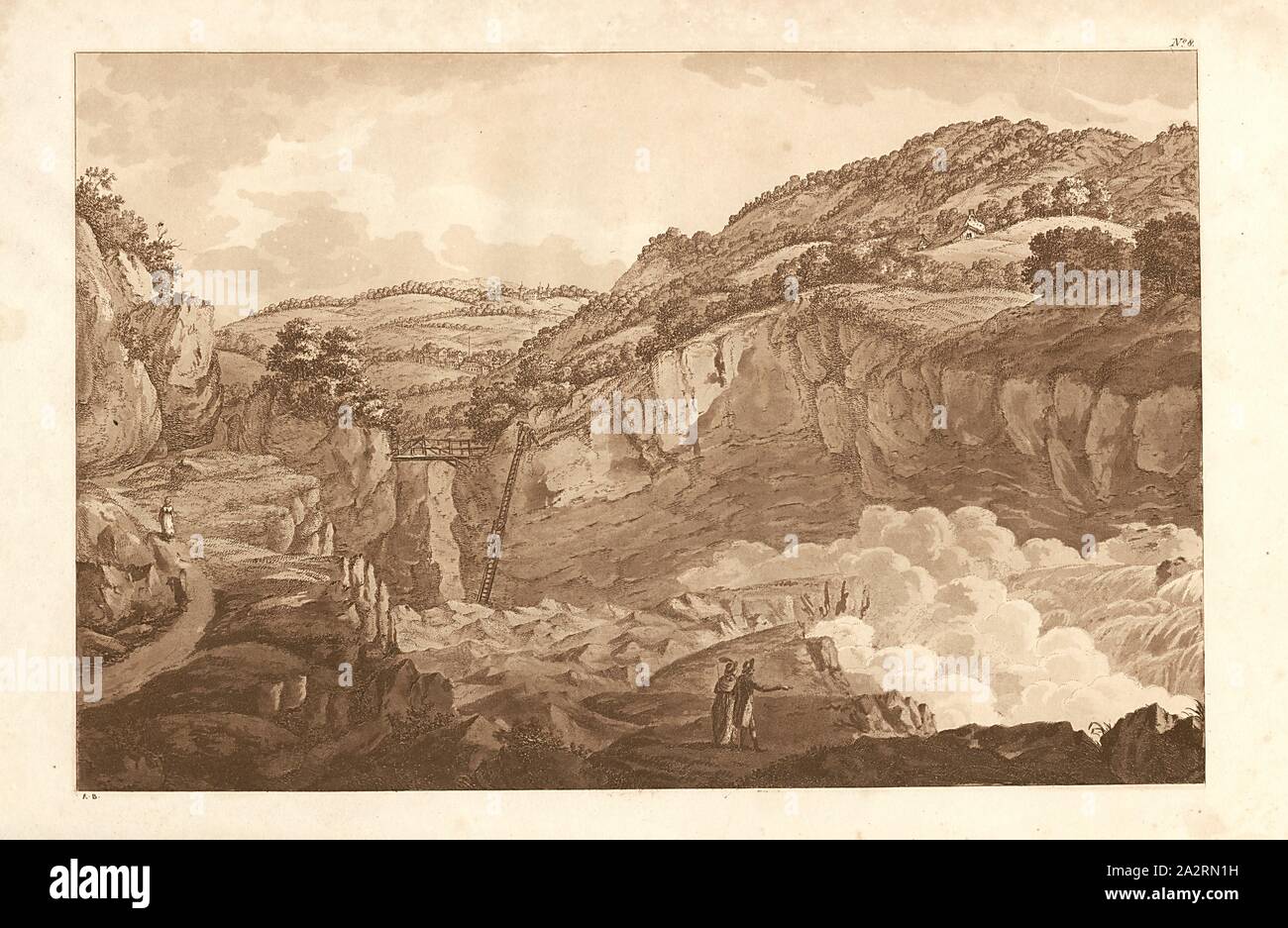 Perdita del Rodano, Rhone Gorge con il ponte e la scaletta; destra sulla collina del villaggio di Coussy e sullo sfondo il borgo e il castello di Bellegarde; Firmato: A. B, n. 8, dopo p. 20, Beaumont, albanese, 1800 Albanese Beaumont: viaggi dalla Francia in Italia, attraverso le Alpi Lepontine, oppure un itinerario della strada da Lione a Torino per la strada del Pays-de-Veaud, il Vallese e attraverso i Monts Gran San Bernardo, Sempione e del San Gottardo. Con rilevamenti topografici e descrizioni storico (...).London: William Nicholson per G.G. E J. Robinson, e W. Baynes, 1806 Foto Stock