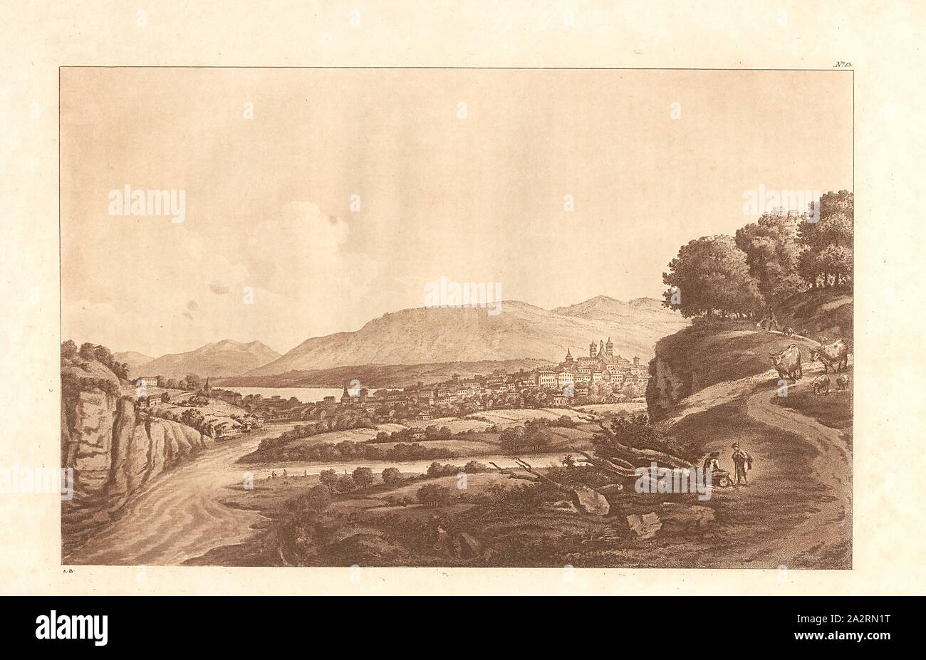 Ginevra, confluenza di Arve e Rodano, in background: Città di Ginevra e il Lago di Ginevra, firmato: A. B, n. 13, secondo p. 38, Beaumont, albanese, 1800 Albanese Beaumont: viaggi dalla Francia in Italia, attraverso le Alpi Lepontine, oppure un itinerario della strada da Lione a Torino per la strada del Pays-de-Veaud, il Vallese e attraverso i Monts Gran San Bernardo, Sempione e del San Gottardo. Con rilevamenti topografici e descrizioni storico (...).London: William Nicholson per G.G. E J. Robinson, e W. Baynes, 1806 Foto Stock