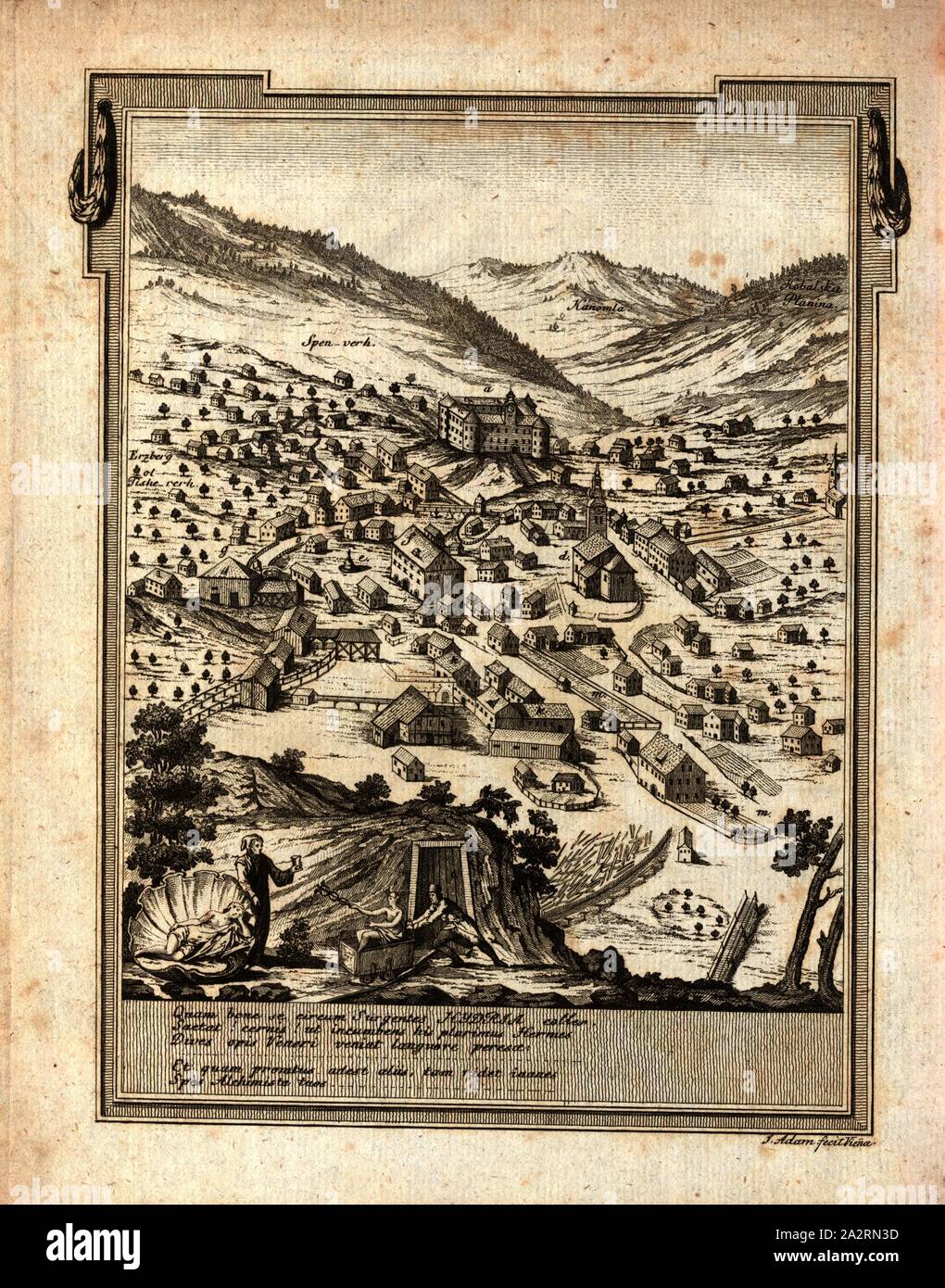 Bergwerk Idrija, illustrazione di una miniera in Idrija (Slovenia) dal XVIII secolo, firmato: I. Adam fecit., Viena, Fig. 2, secondo p. 162, Adam, I. (fec.), 1778, Balthasar Hacquet, Johann Gottlob Immanuel: Oryctographia carniolica oder physikalische Erdbeschreibung des Herzogthums Krain, Istrien, und zum Theil der benachbarten Länder. Erster Theil Foto Stock