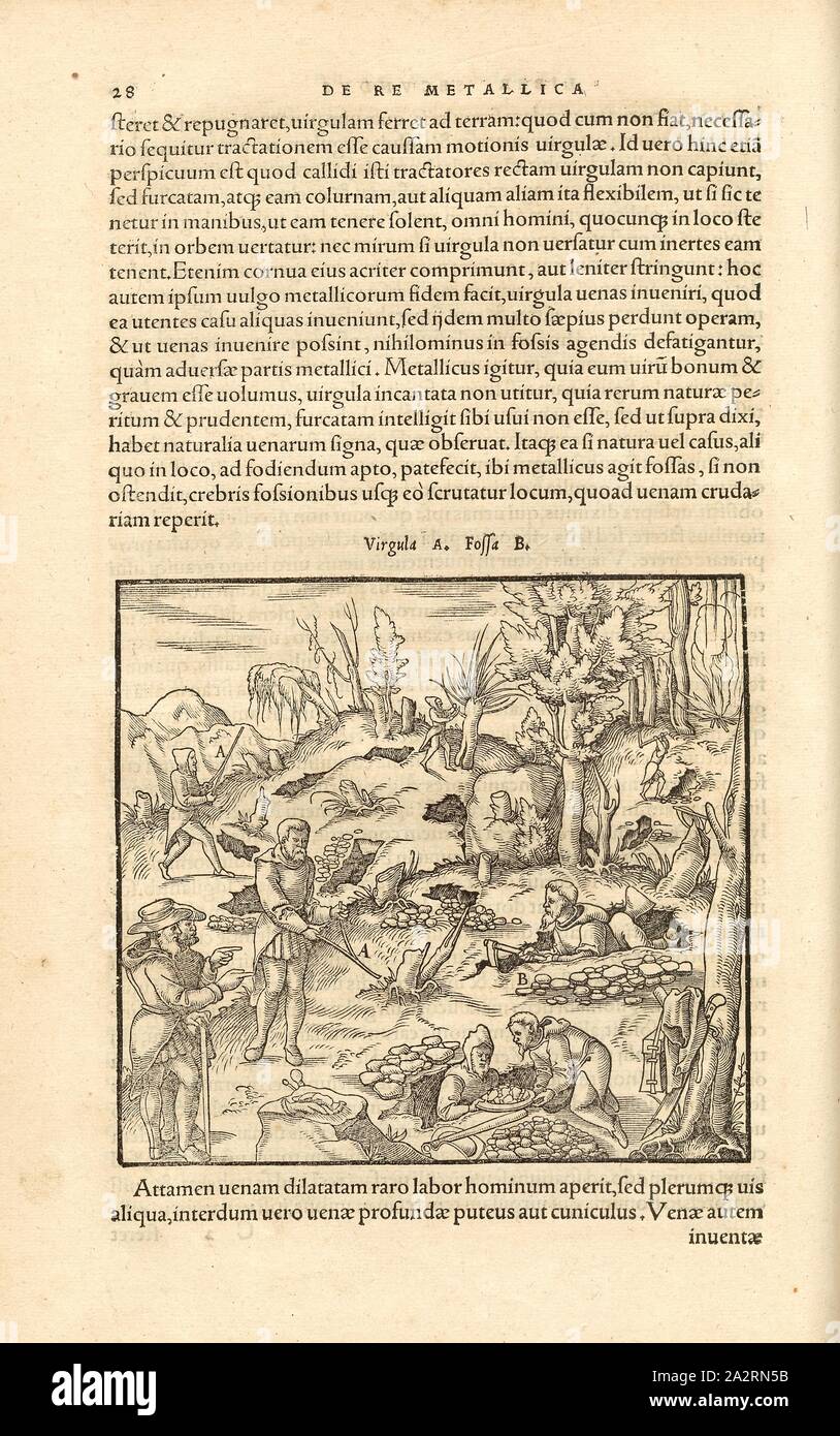 Scena di mining, strumenti di estrazione mineraria, asta e fossati / Box, Xilografia, p. 28, (Liber Secundus), Manuel, Hans Rudolf (graveur sur bois), 1556, Georgius Agricola: De re metallica libri XII: quibus officia, instrumenta, machinae, ac omnia denique ad metallicam spectantia, non modo luculentissime describuntur, sed & per le effigi (...). Basileae: [Froben], 1556 Foto Stock