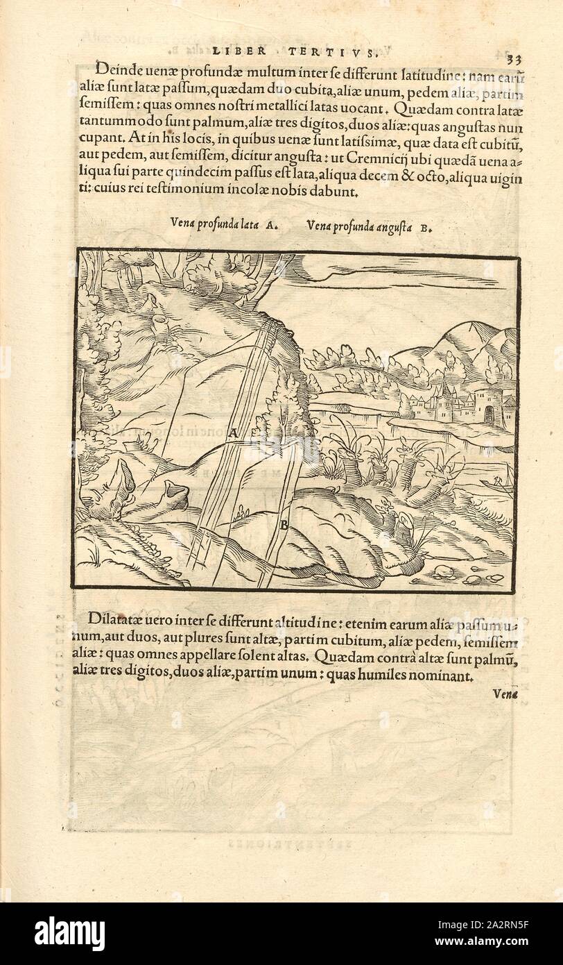 Tipi di dighe 4, tettonica, stretti e larghi fossati, spostamenti di montagna / terreno, xilografia, p. 33, (Liber tertuis), Manuel, Hans Rudolf (graveur sur bois), 1556, Georgius Agricola: De re metallica libri XII: quibus officia, instrumenta, machinae, ac omnia denique ad metallicam spectantia, non modo luculentissime describuntur, sed & per le effigi (...). Basileae: [Froben], 1556 Foto Stock