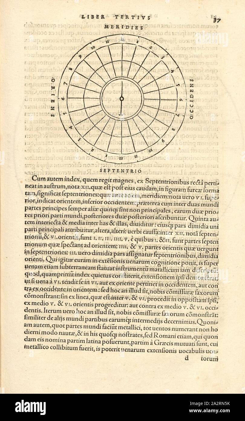Calendario medievale, medievale calendario con dodici mesi e quattro punti cardinali, xilografia, p. 37, (Liber tertius), Manuel, Hans Rudolf (graveur sur bois), 1556, Georgius Agricola: De re metallica libri XII: quibus officia, instrumenta, machinae, ac omnia denique ad metallicam spectantia, non modo luculentissime describuntur, sed & per le effigi (...). Basileae: [Froben], 1556 Foto Stock