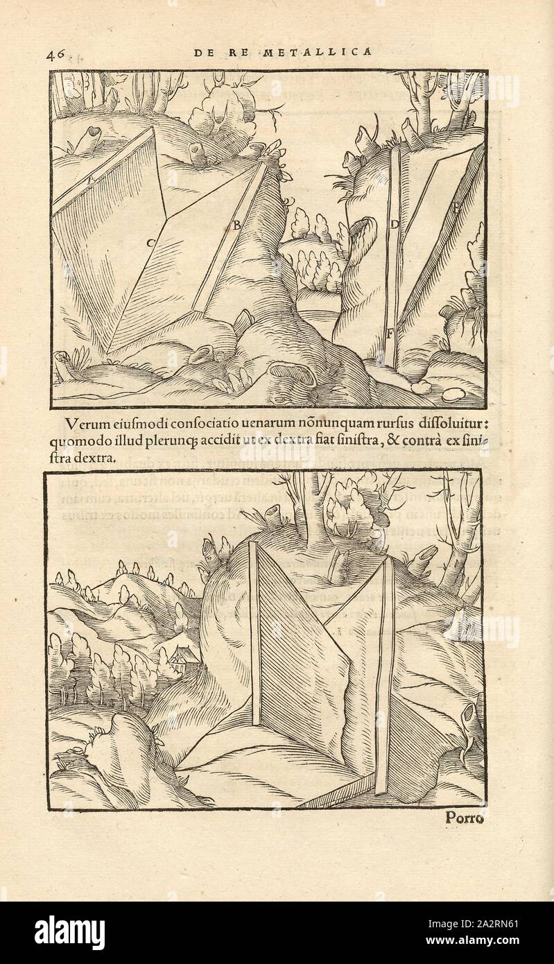 Fessure, tettonica, colonne di roccia, lastre di rock, rock spostamento, xilografia, p. 46, (Liber tertius), Manuel, Hans Rudolf (graveur sur bois), 1556, Georgius Agricola: De re metallica libri XII: quibus officia, instrumenta, machinae, ac omnia denique ad metallicam spectantia, non modo luculentissime describuntur, sed & per le effigi (...). Basileae: [Froben], 1556 Foto Stock