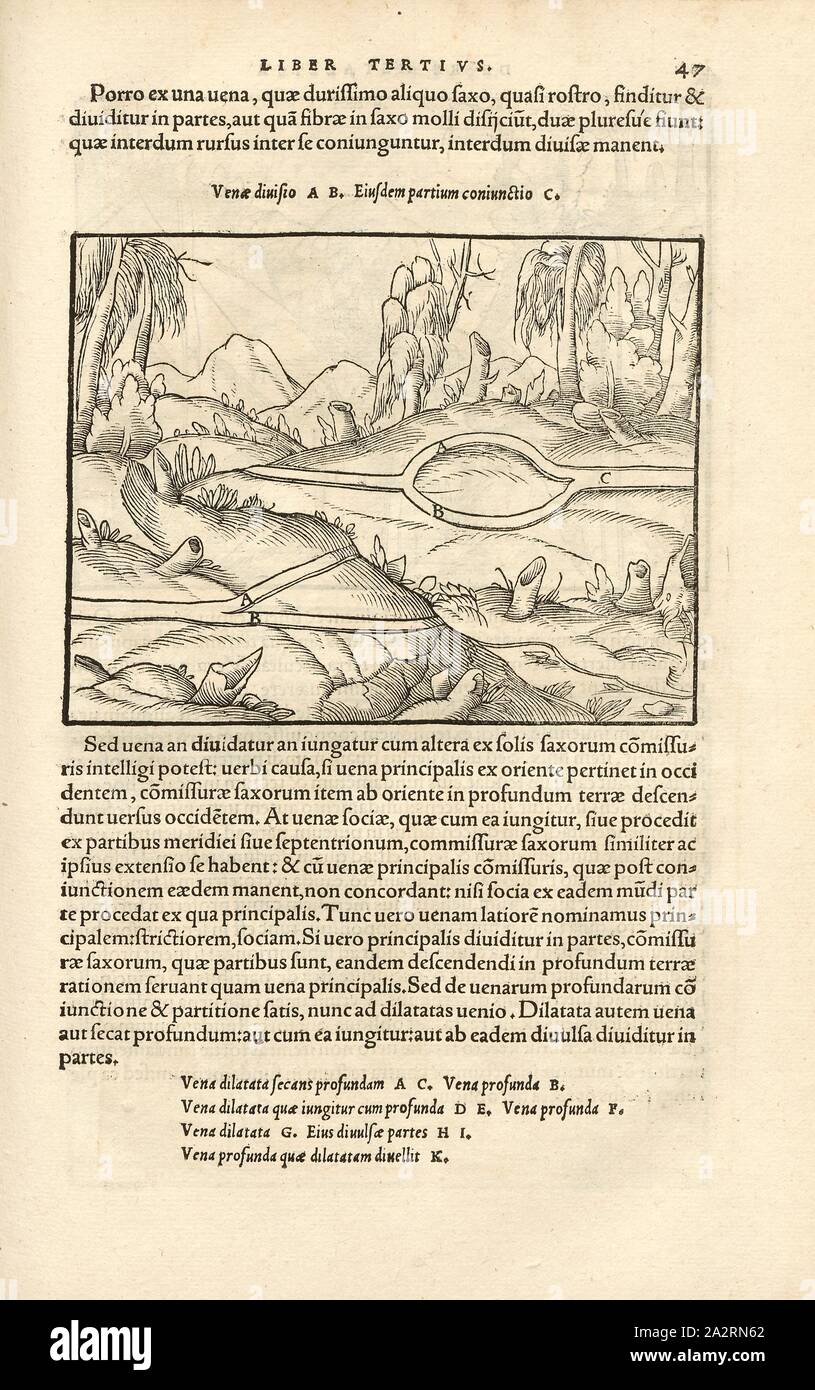 Forme di dighe 3, tettonica, gallerie di pietra che dividono e riunire, xilografia, p. 47, (Liber tertius), Manuel, Hans Rudolf (graveur sur bois), 1556, Georgius Agricola: De re metallica libri XII: quibus officia, instrumenta, machinae, ac omnia denique ad metallicam spectantia, non modo luculentissime describuntur, sed & per le effigi (...). Basileae: [Froben], 1556 Foto Stock