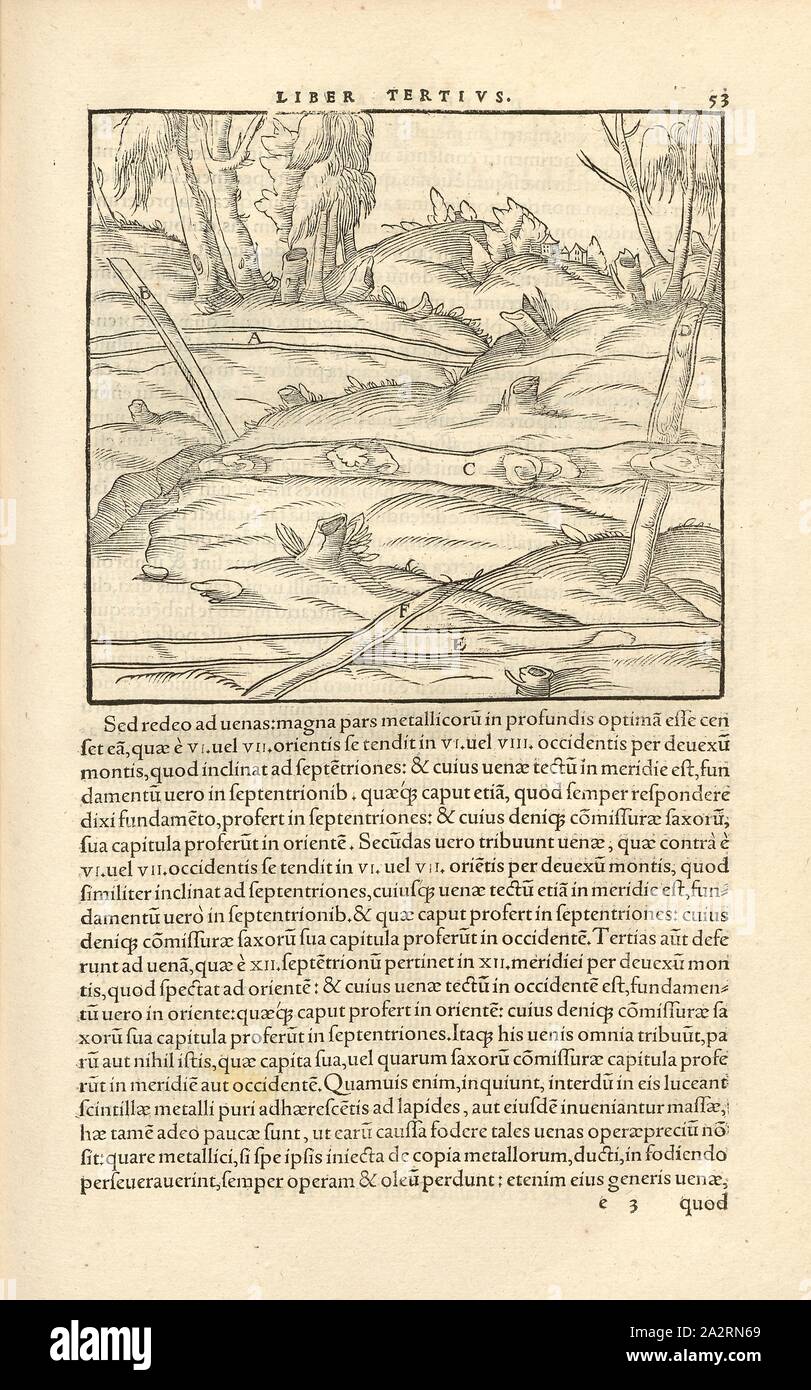 Forme di dighe e fessure, varie forme di tunnel di pietra e colonne, con grotte, xilografia, p. 53, (Liber tertius), Manuel, Hans Rudolf (graveur sur bois), 1556, Georgius Agricola: De re metallica libri XII: quibus officia, instrumenta, machinae, ac omnia denique ad metallicam spectantia, non modo luculentissime describuntur, sed & per le effigi (...). Basileae: [Froben], 1556 Foto Stock