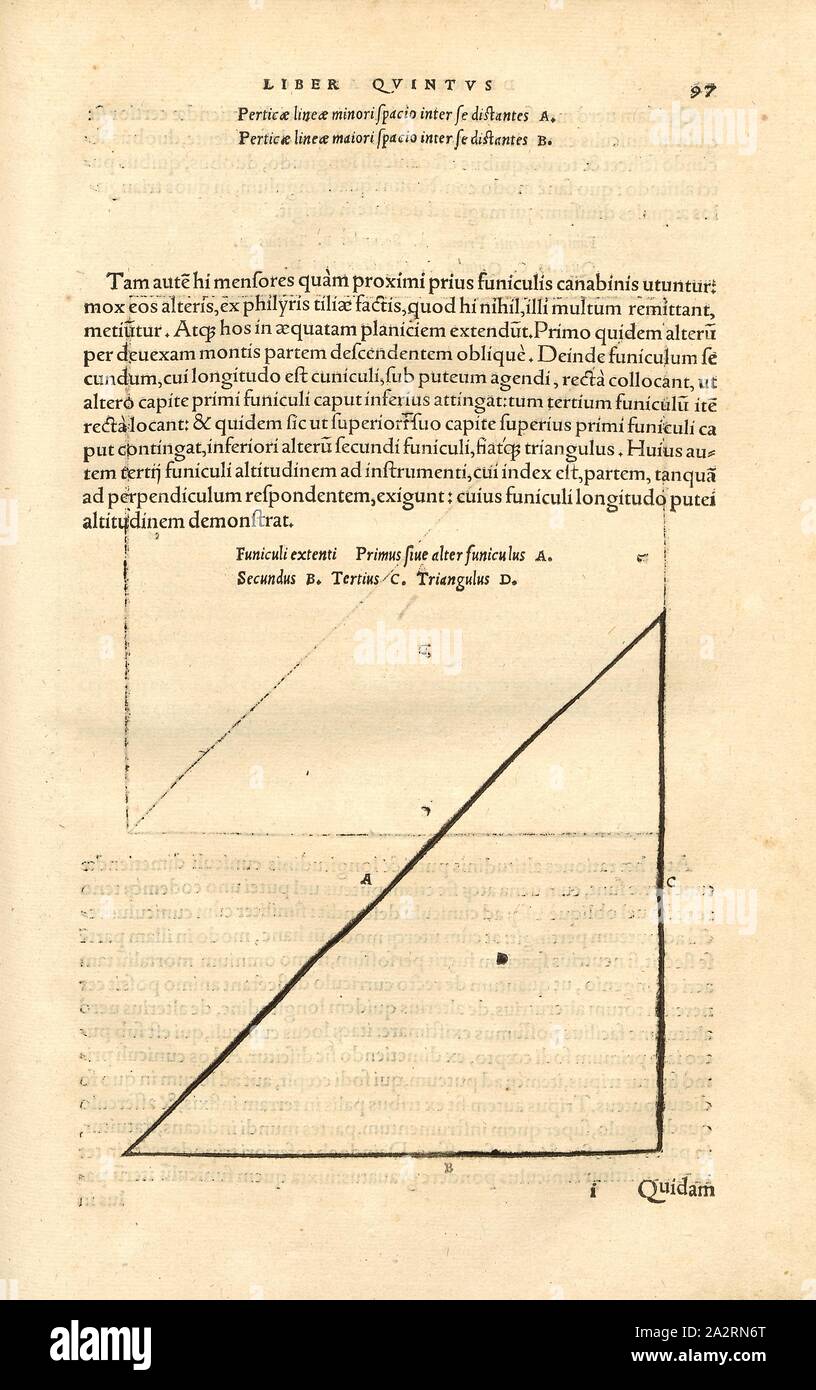 Misurazione con funi_1, orientamento delle corde per un angolo retto costruzione mediante un triangolo rettangolo, lotto Scala, Xilografia, p. 97, (Liber quintus), Manuel, Hans Rudolf (graveur sur bois), 1556, Georgius Agricola: De re metallica libri XII: quibus officia, instrumenta, machinae, ac omnia denique ad metallicam spectantia, non modo luculentissime describuntur, sed & per le effigi (...). Basileae: [Froben], 1556 Foto Stock